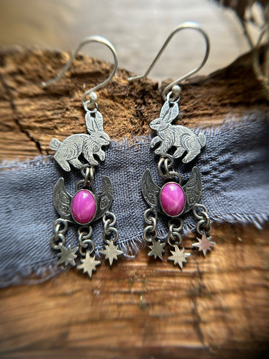 Strawberry Moon Bunny Earrings- Star Ruby Sterling silver jewelry )
