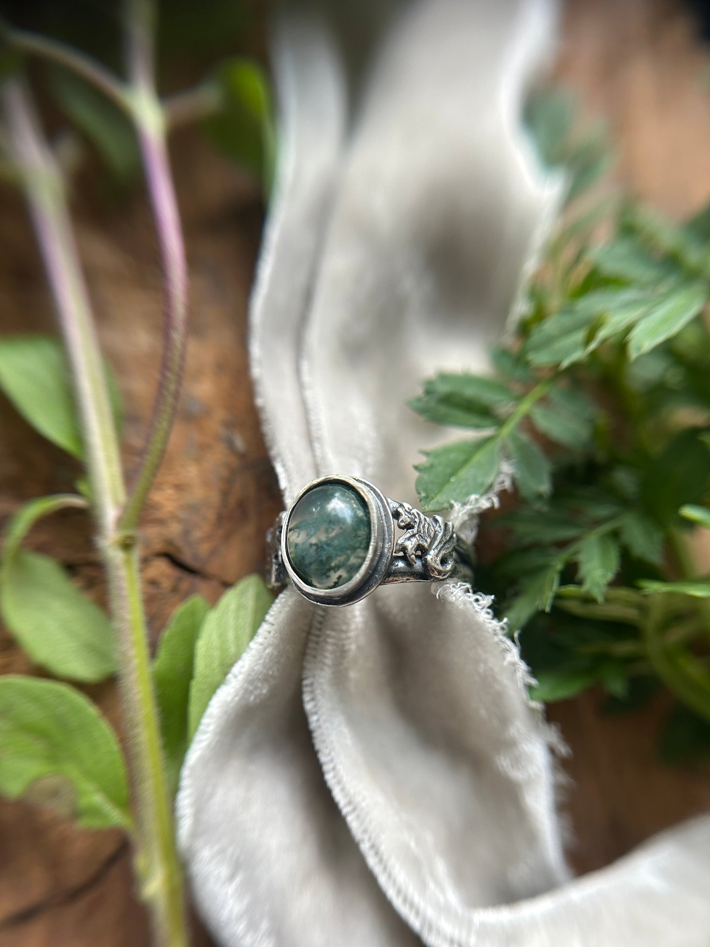 Kelpie Ring with Moss Agate- sterling silver jewelry
