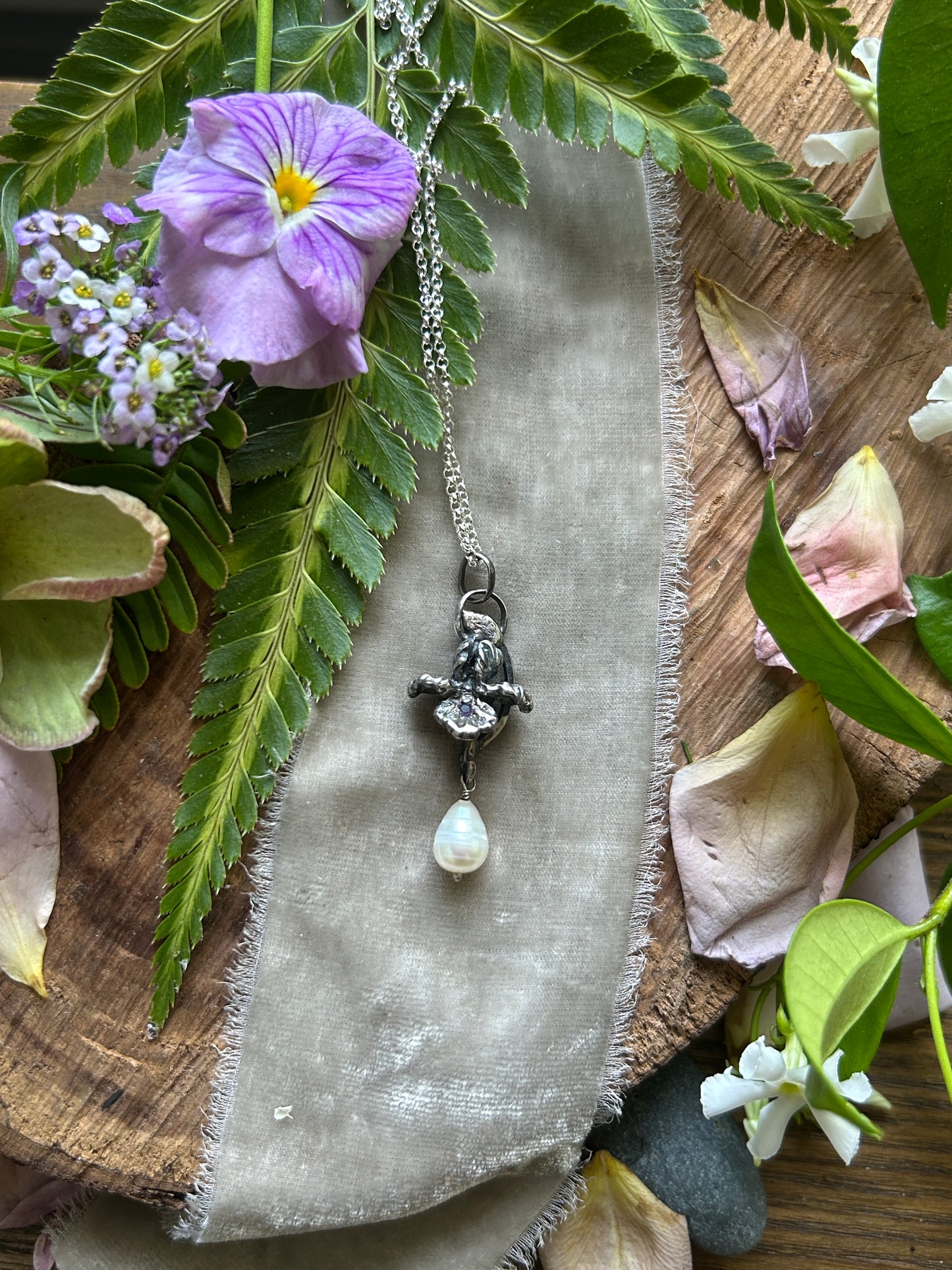 Iris with amethyst and baroque pearl drop necklace- Sterling silver jewelry