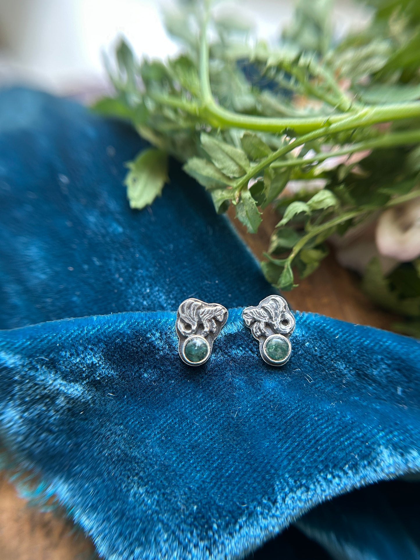 Mini Kelpie Earrings with moss agate- sterling silver jewelry