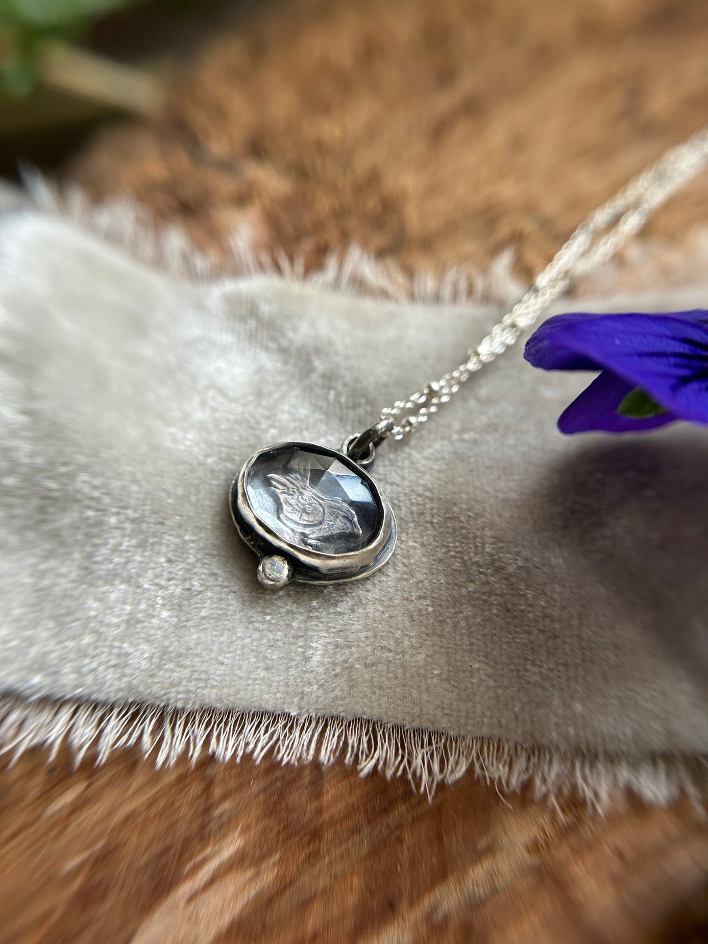 Woodland Wren Bird- quartz crystal and sterling silver necklace