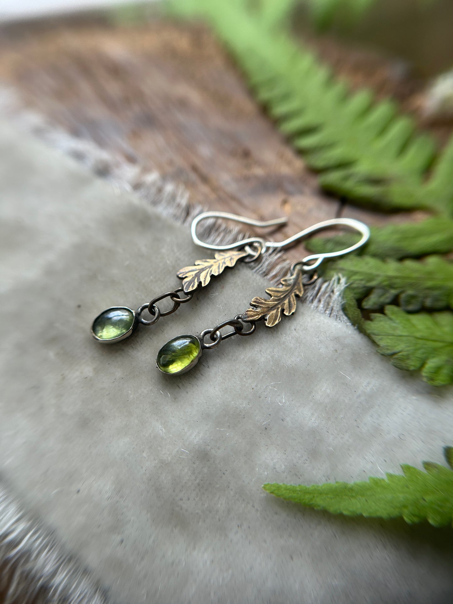 Oak leaves and Peridot earrings- sterling silver and brass jewelry