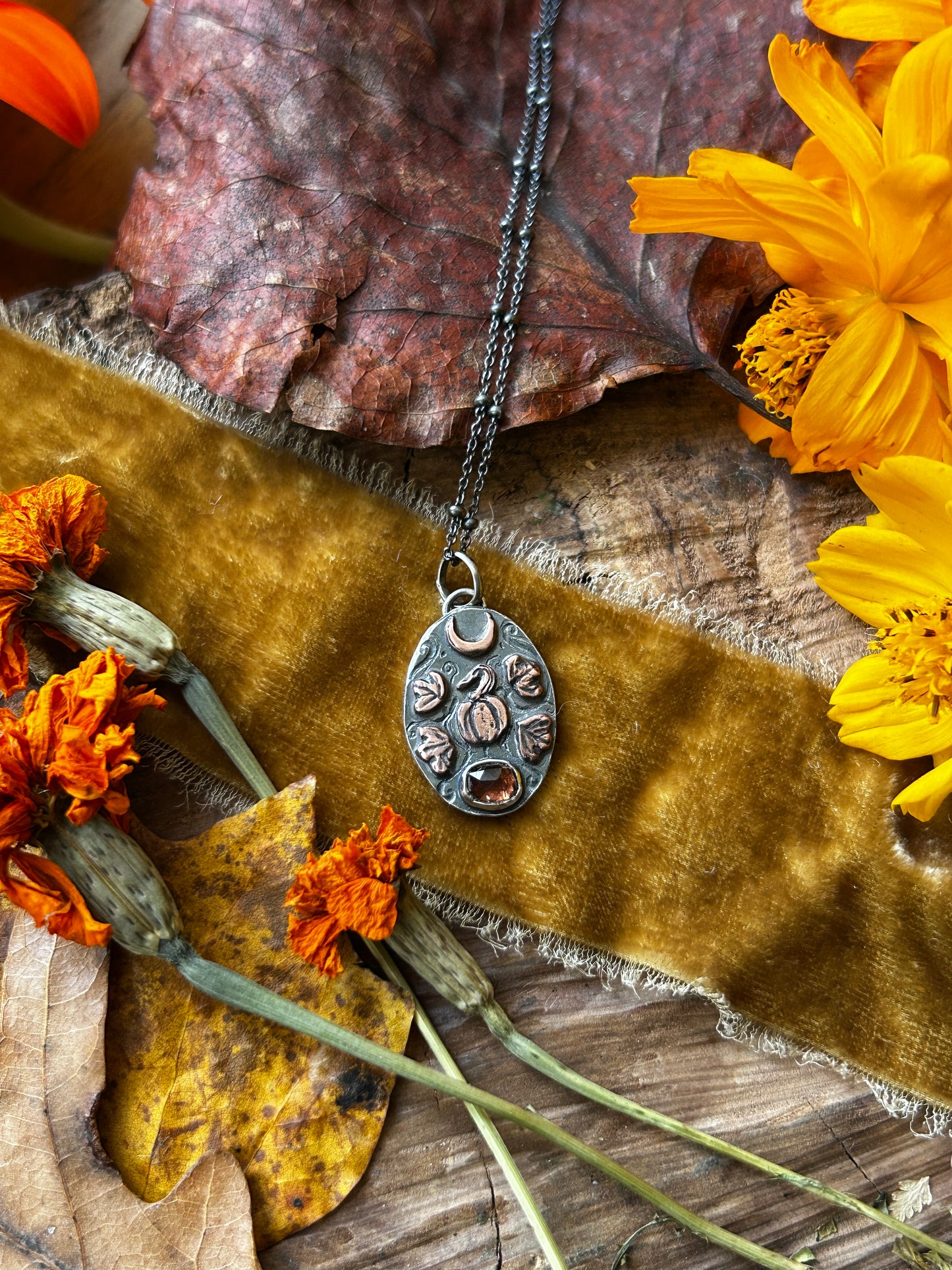 Pumpkin Moon Necklace with zircon- Sterling silver and copper detailed jewelry ready to ship