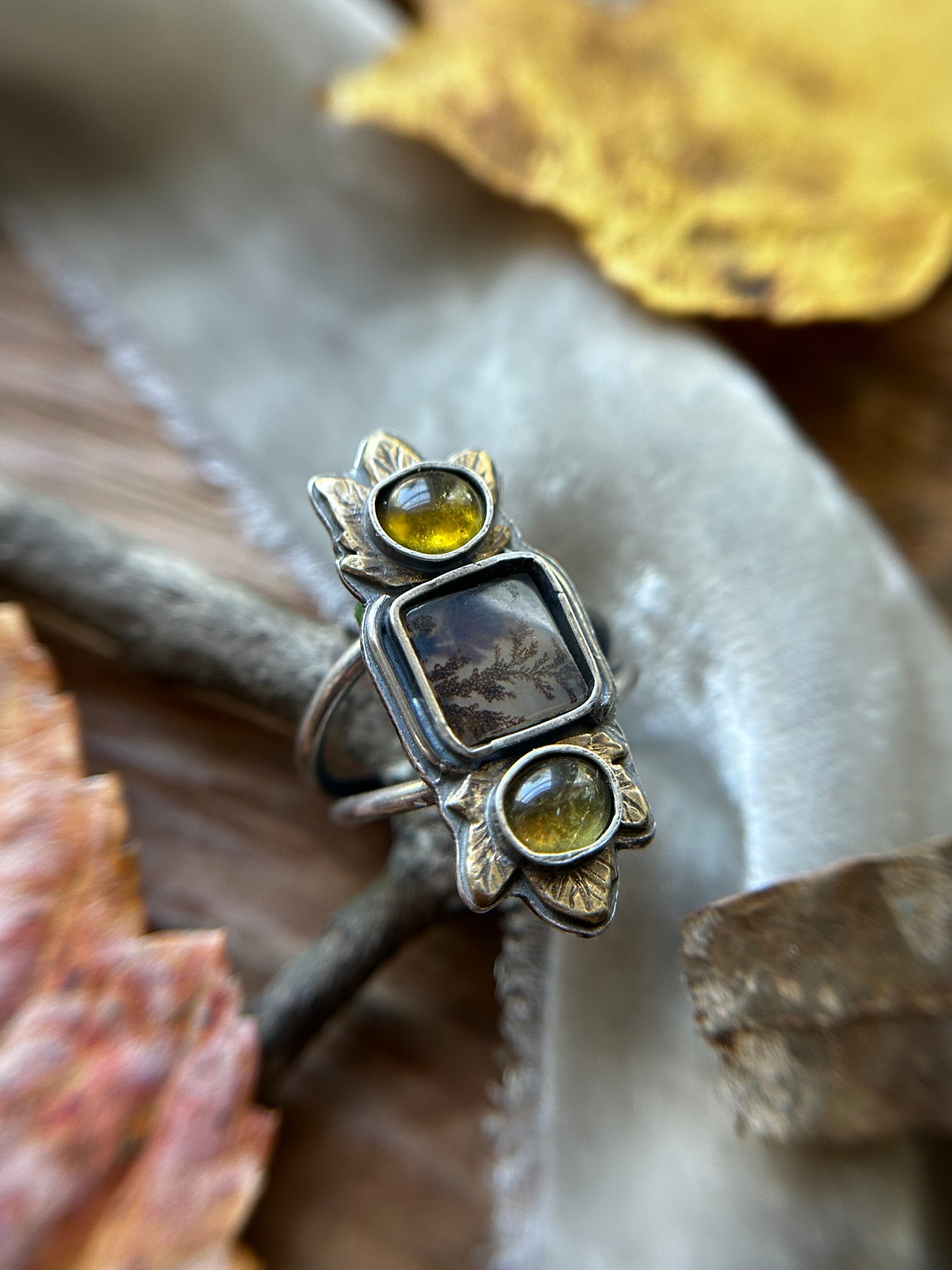 Woodland Maple leaf ring with Dendritic Agate and Tourmaline- sterling silver and brass jewelry