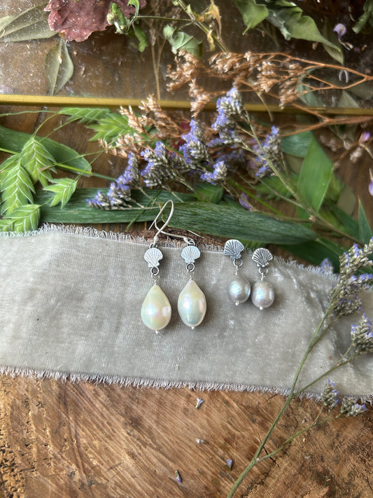 Baroque Pearl Seashell Earrings- sterling silver jewelry