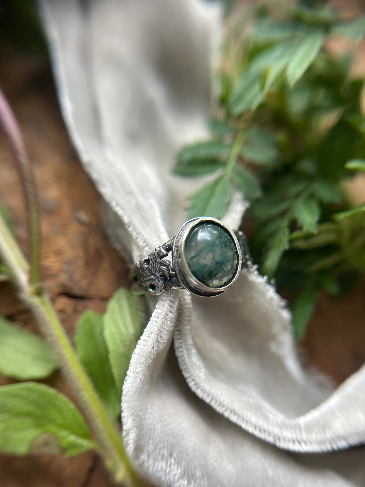 Kelpie Ring with Moss Agate- sterling silver jewelry