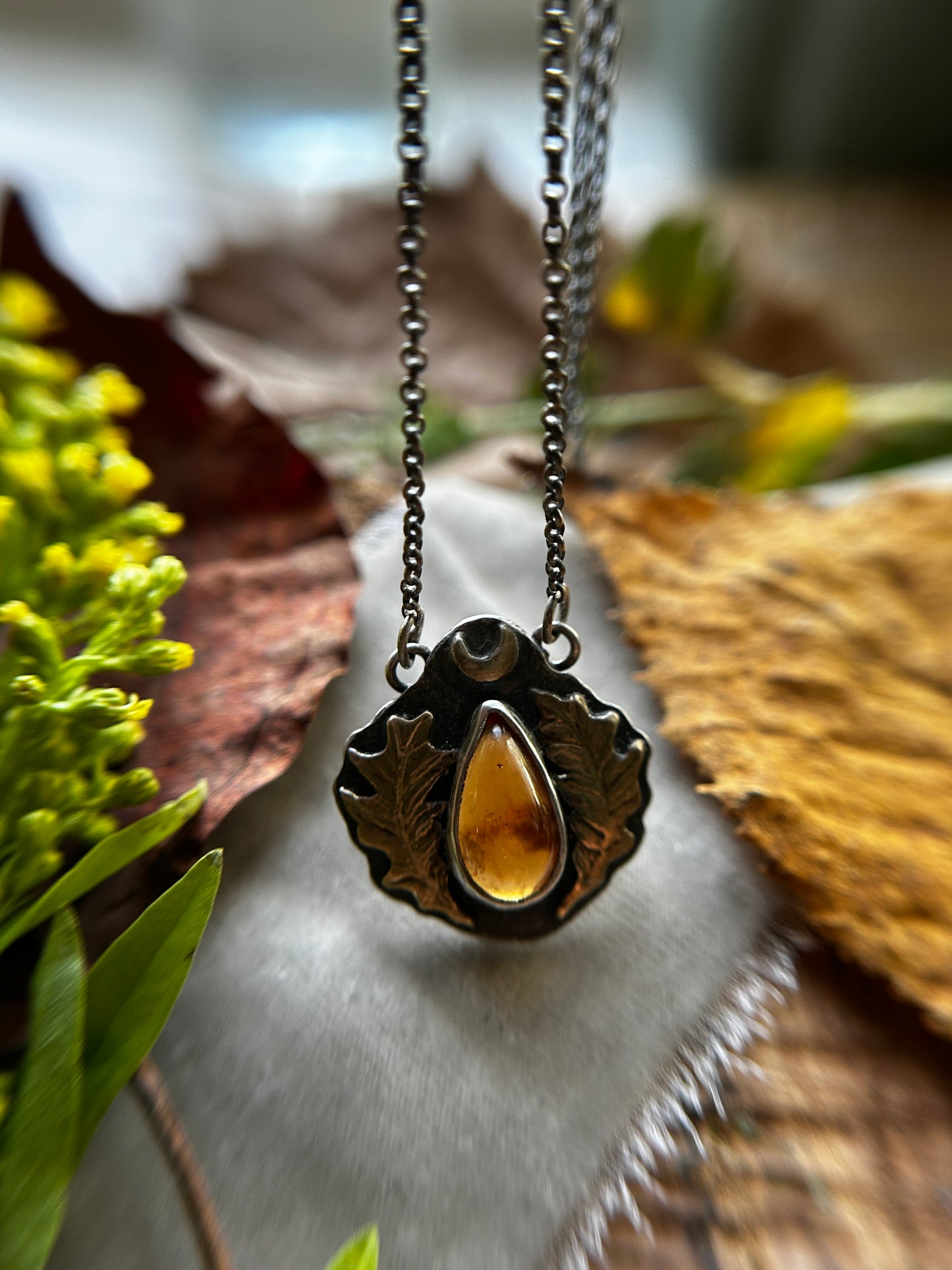 Oak Moon with Hessonite Garnet Necklace- Sterling silver and brass jewelry