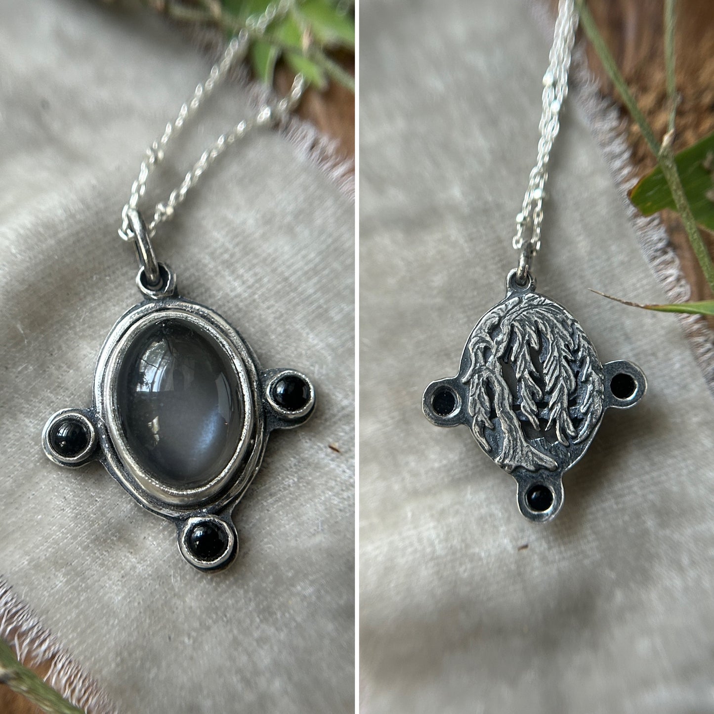 Weeping Willow Grey Moonstone and black onyx necklace- sterling silver jewelry