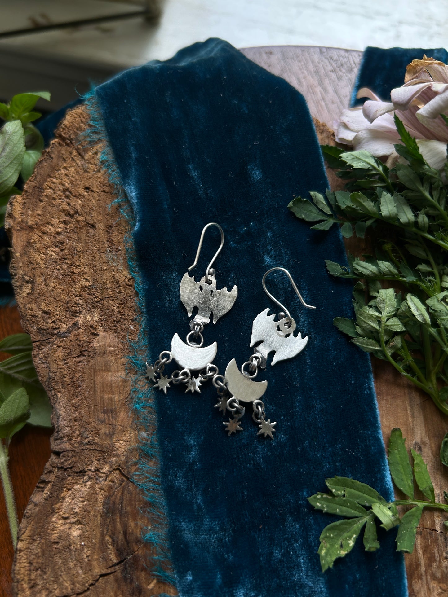 Moon and Starlit Dragon Flight Earrings- blue star sapphire - sterling silver jewelry