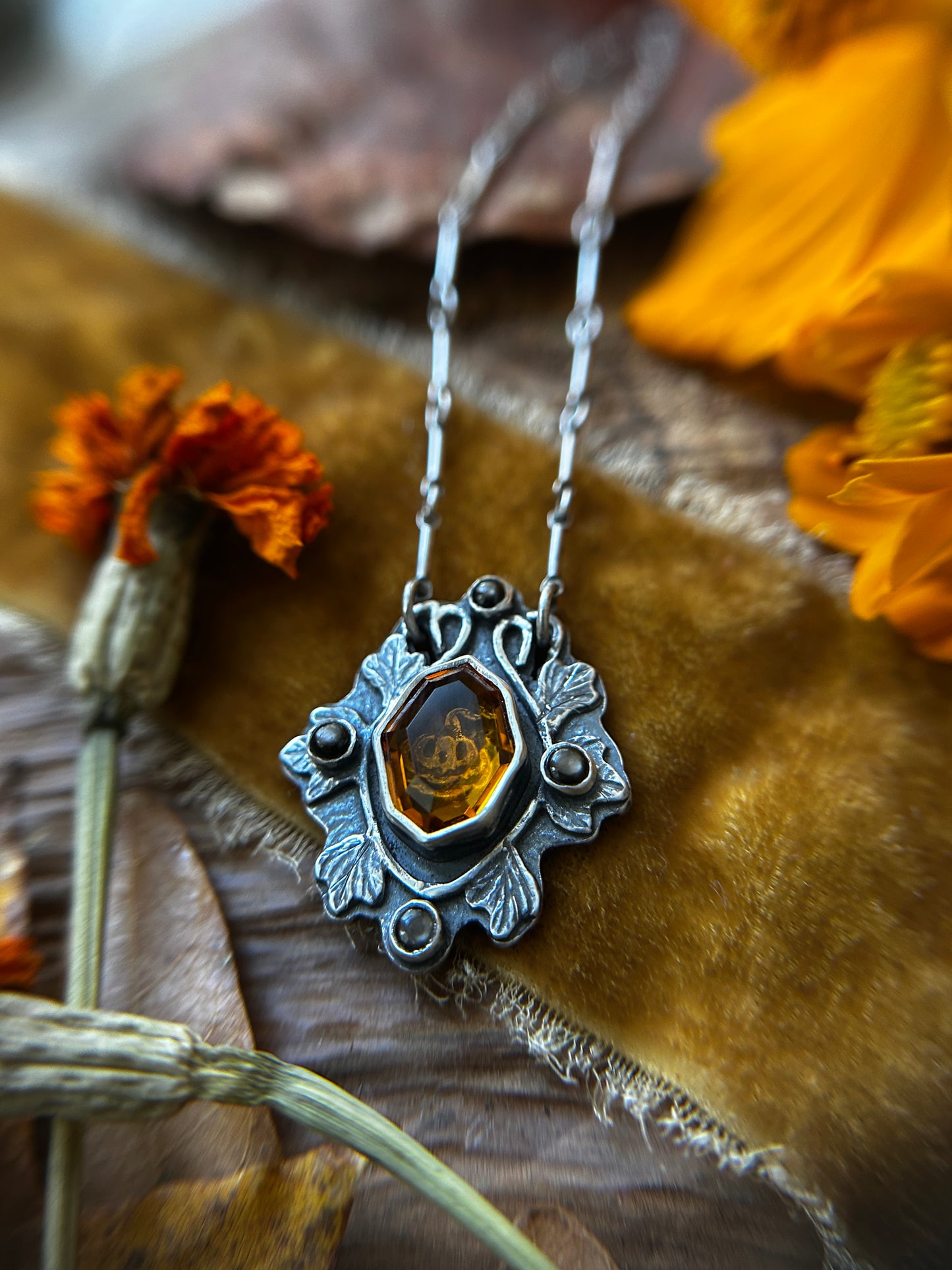 All Hallows Eve Jack-o-lantern necklace with santa ana madiera citrine stone- sterling silver jewelry