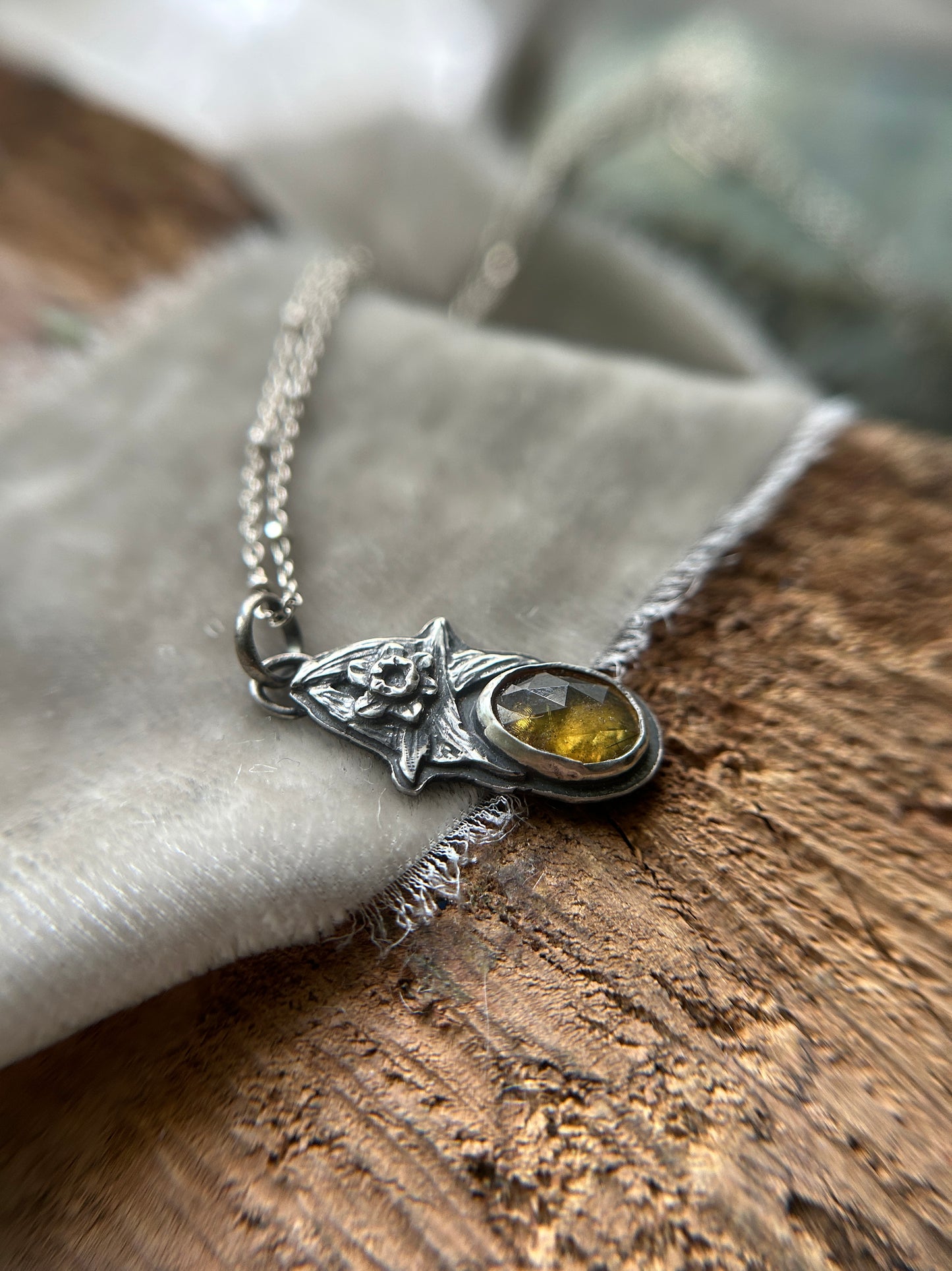Sphene and Daffodil Necklace- sterling silver floral jewelry
