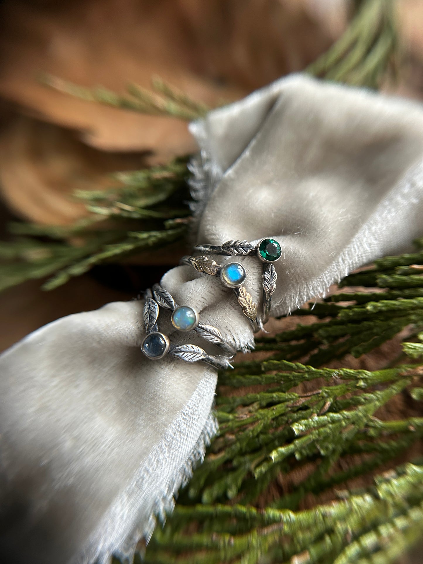 Woodland leaf stackable ring- choice of gemstone, leaves, and ring size sterling silver with choice of brass or copper made to order jewelry