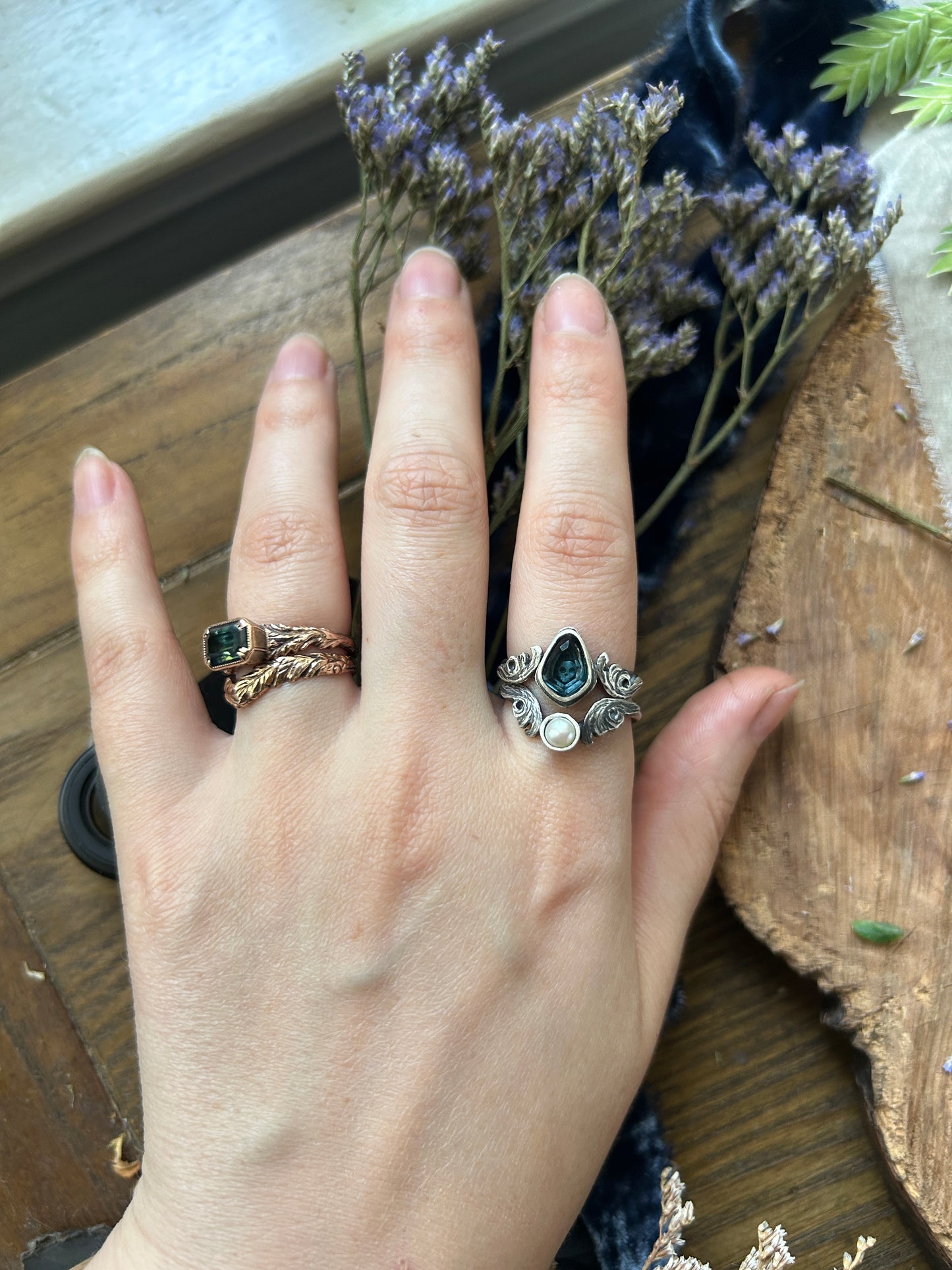 London Blue Topaz Memento Mori Skull and Waves Ring- sterling silver jewelry- MADE TO ORDER