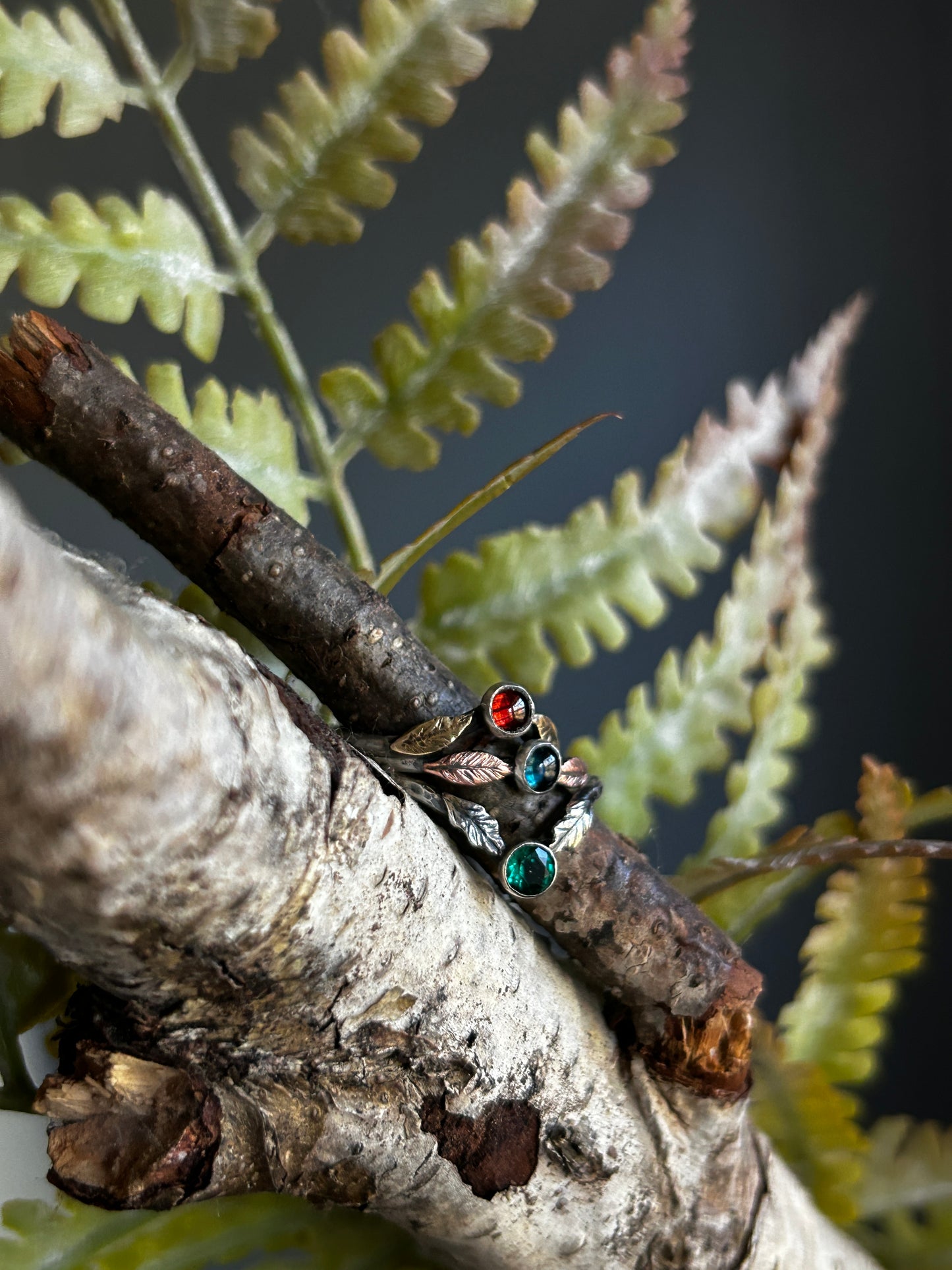 Woodland leaf stackable ring- choice of gemstone, leaves, and ring size sterling silver with choice of brass or copper made to order jewelry