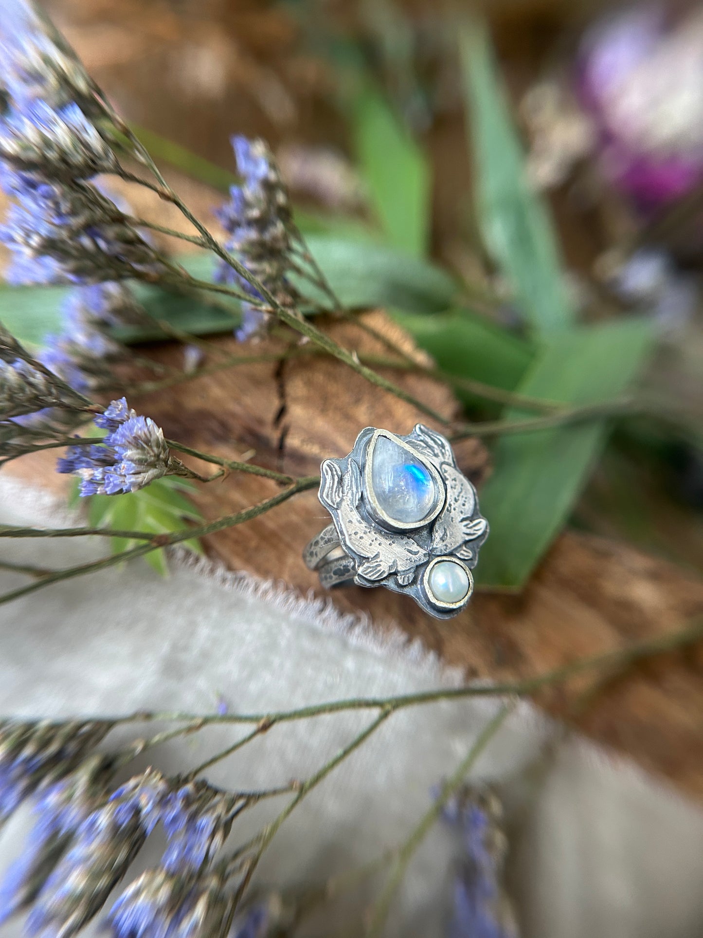 Selkie Tears Ring with Rainbow Moonstone and Pearl- sterling silver jewelry