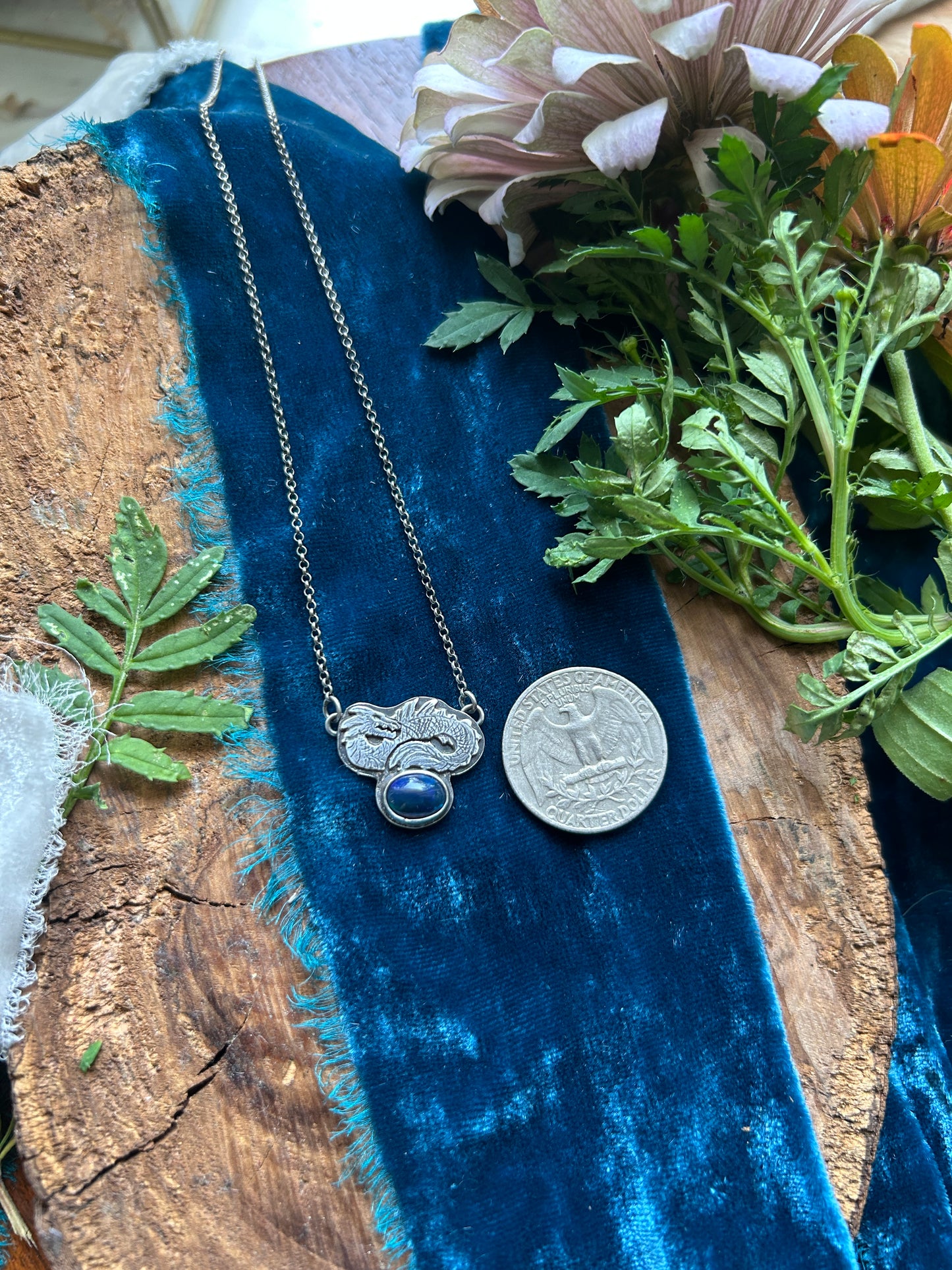 Sea Serpent and Black Opal Necklace- sterling silver jewelry