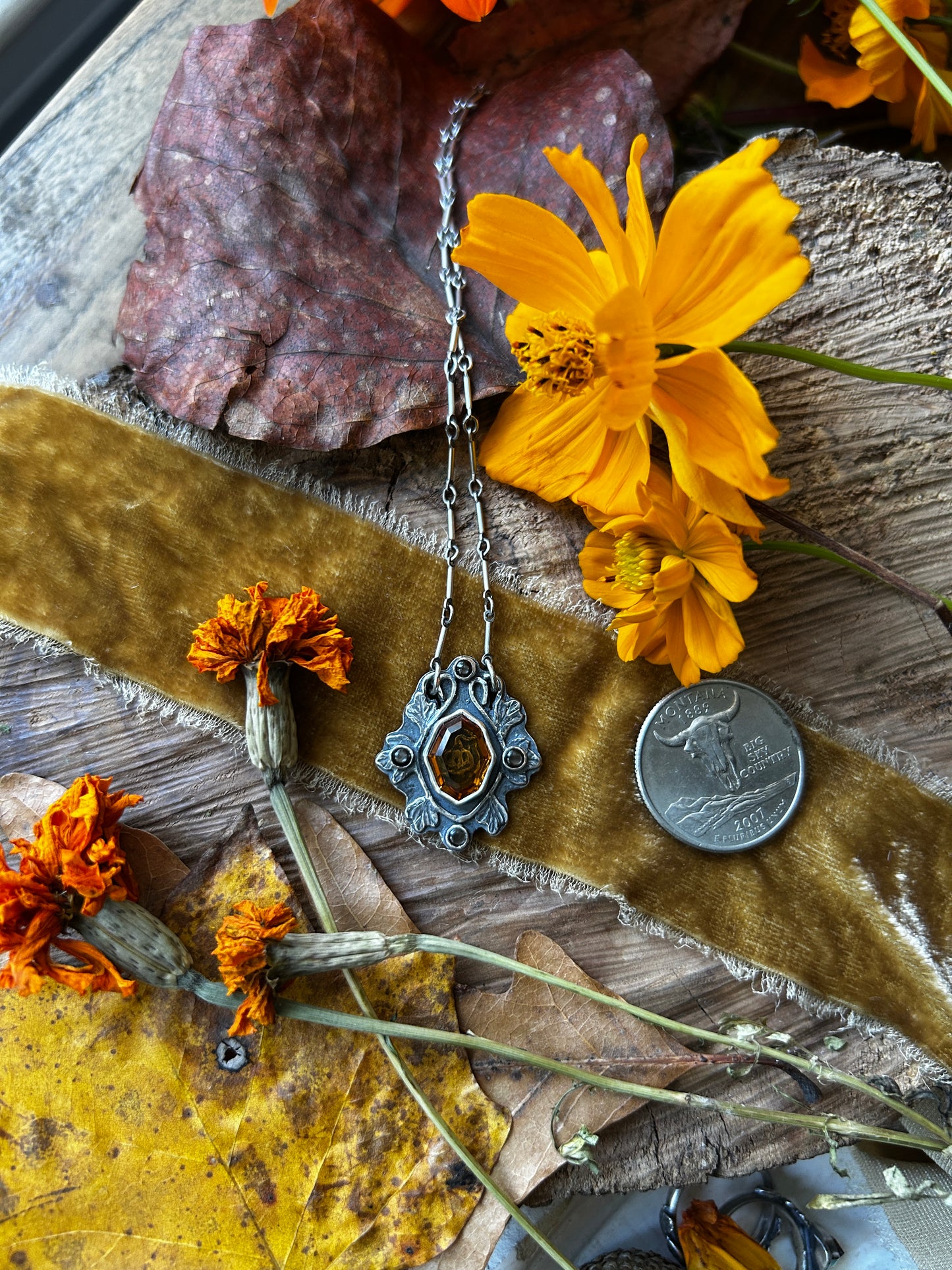 All Hallows Eve Jack-o-lantern necklace with santa ana madiera citrine stone- sterling silver jewelry
