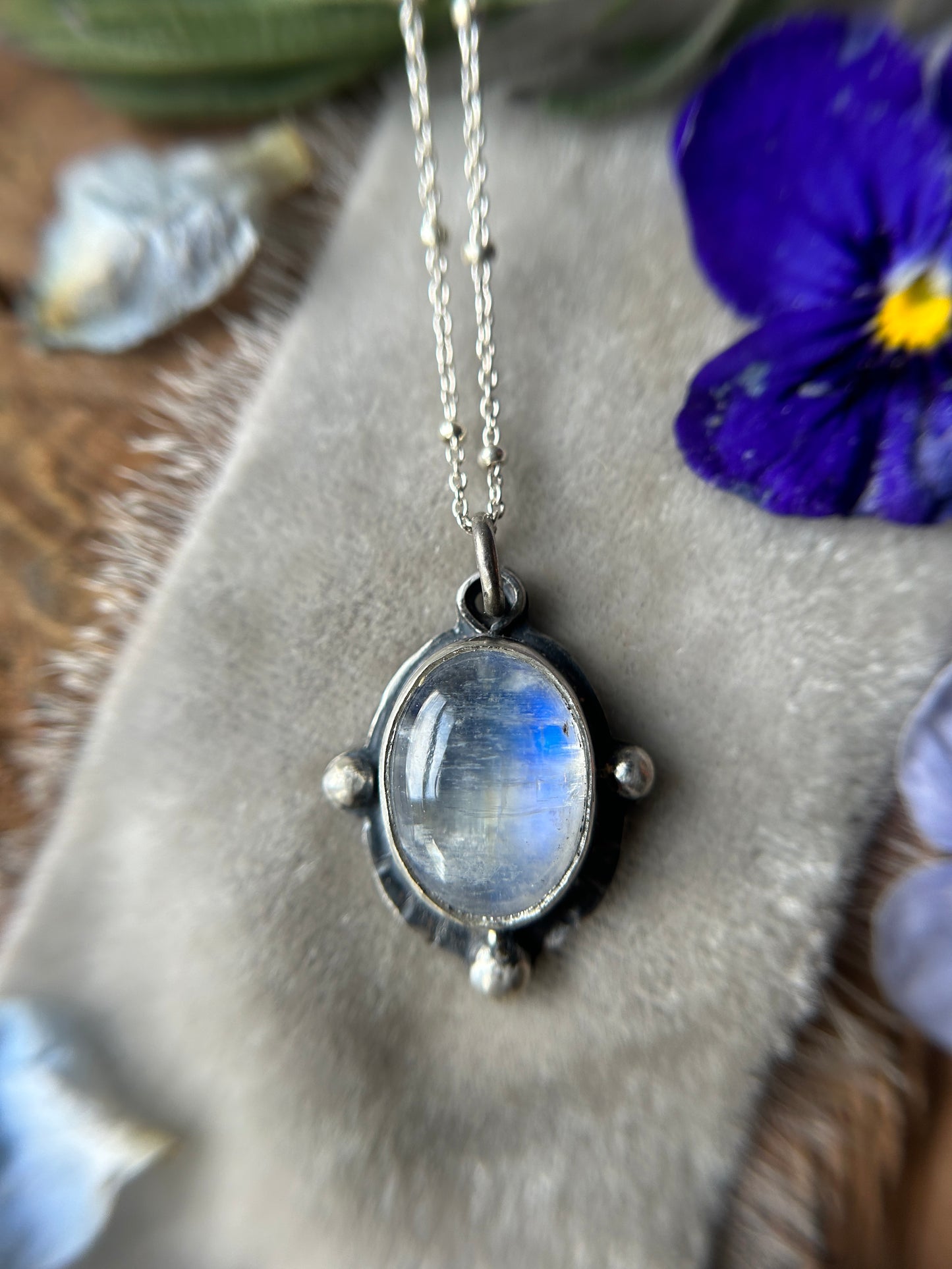 Rainbow Moonstone with Barn Owl back Necklace- sterling silver