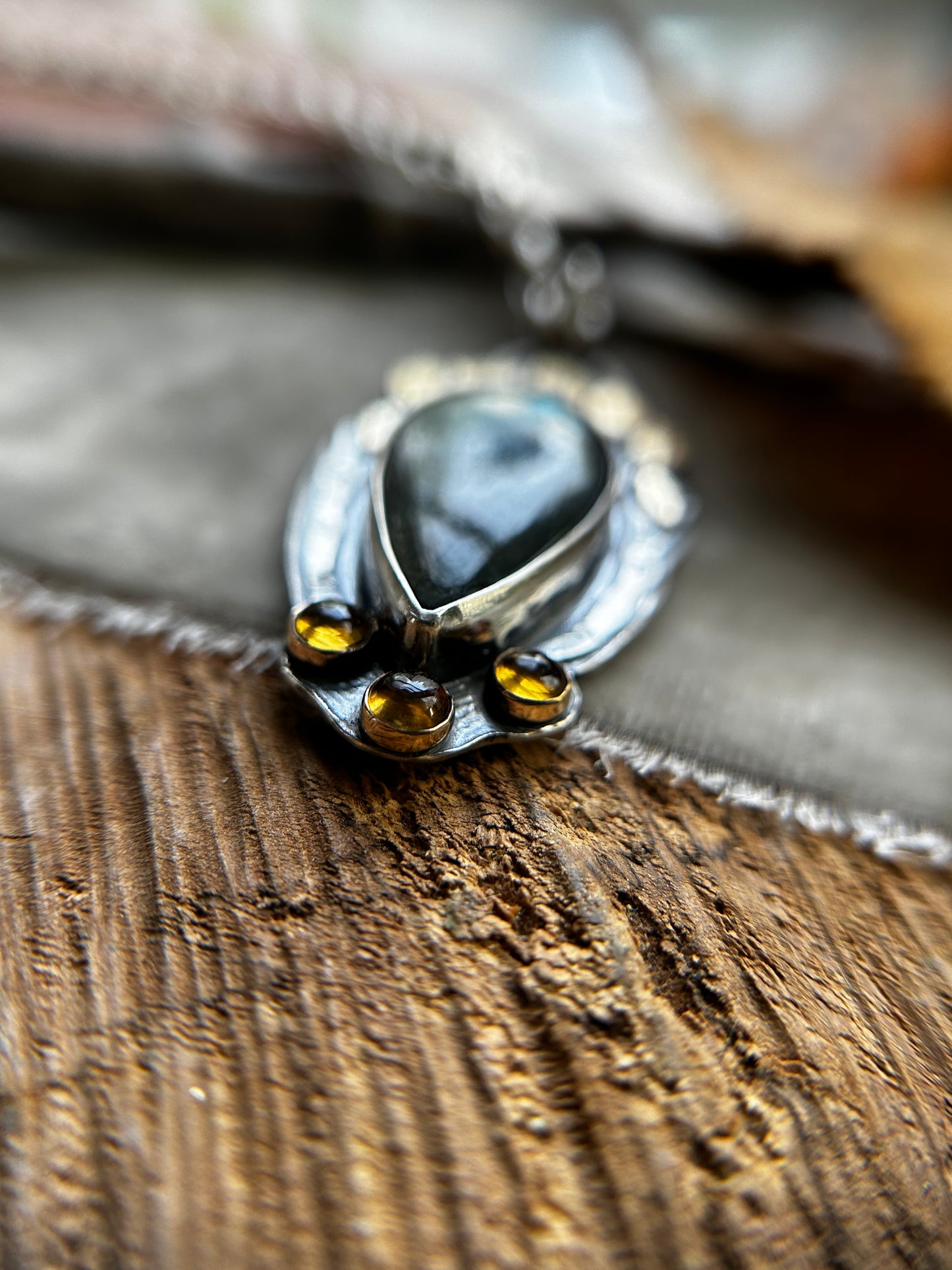 Aspen Crown Labradorite Necklace with Citrine and hidden crow forest tree back- sterling silver jewelry