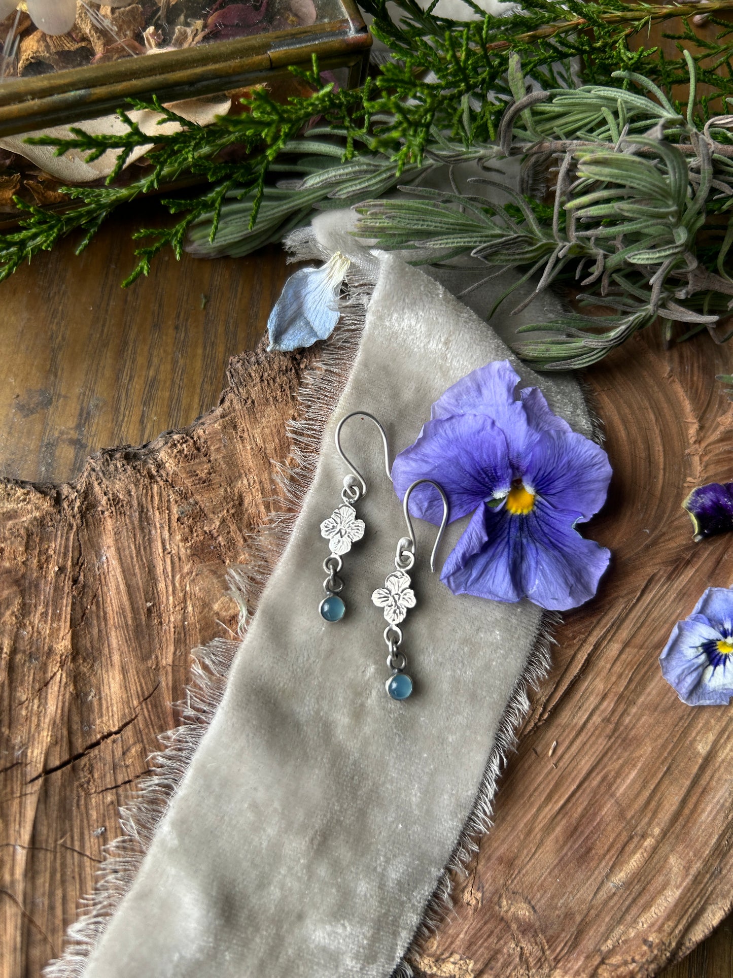 Pansy Flower Chalcedony Earrings- Sterling silver jewelry