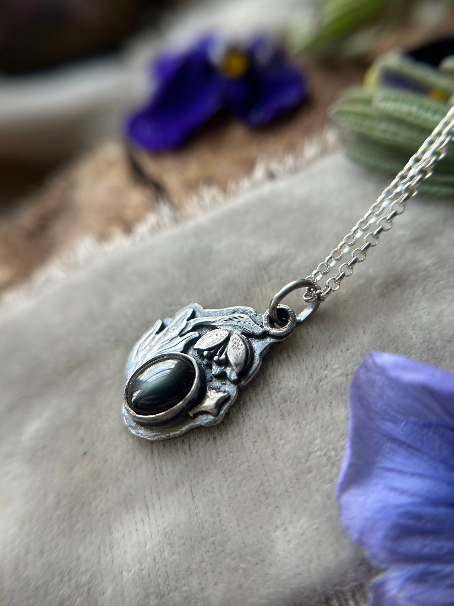 Hellebore with Black Star Sapphire Necklace- sterling silver