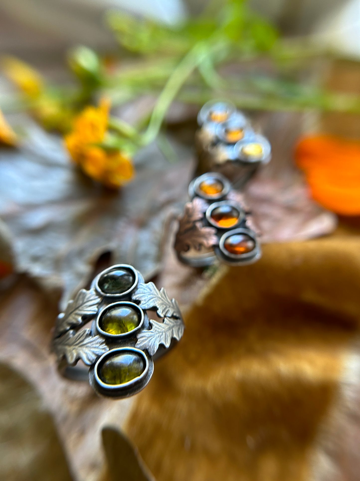 Tourmaline Autumn Forest Rings- any size- choice of green, orange, or yellow. Silver, copper, brass oak leaves