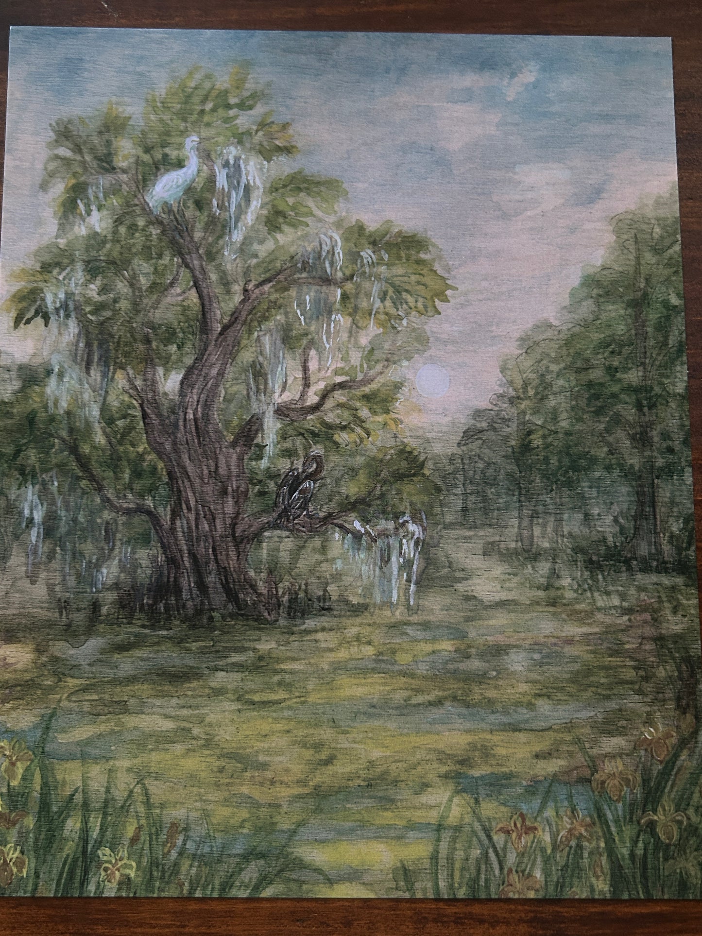 Summer in the swamp- art print of birds, cypress trees, and swamp iris
