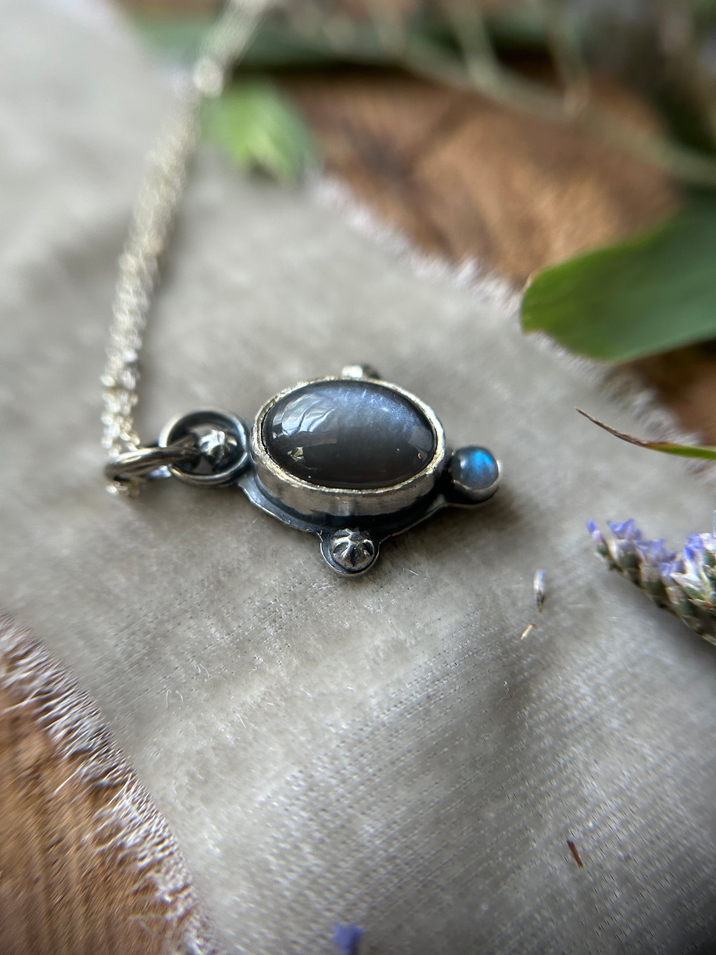 Grey Moonstone with stormy seas selkie back and labradorite necklace- sterling silver jewelry
