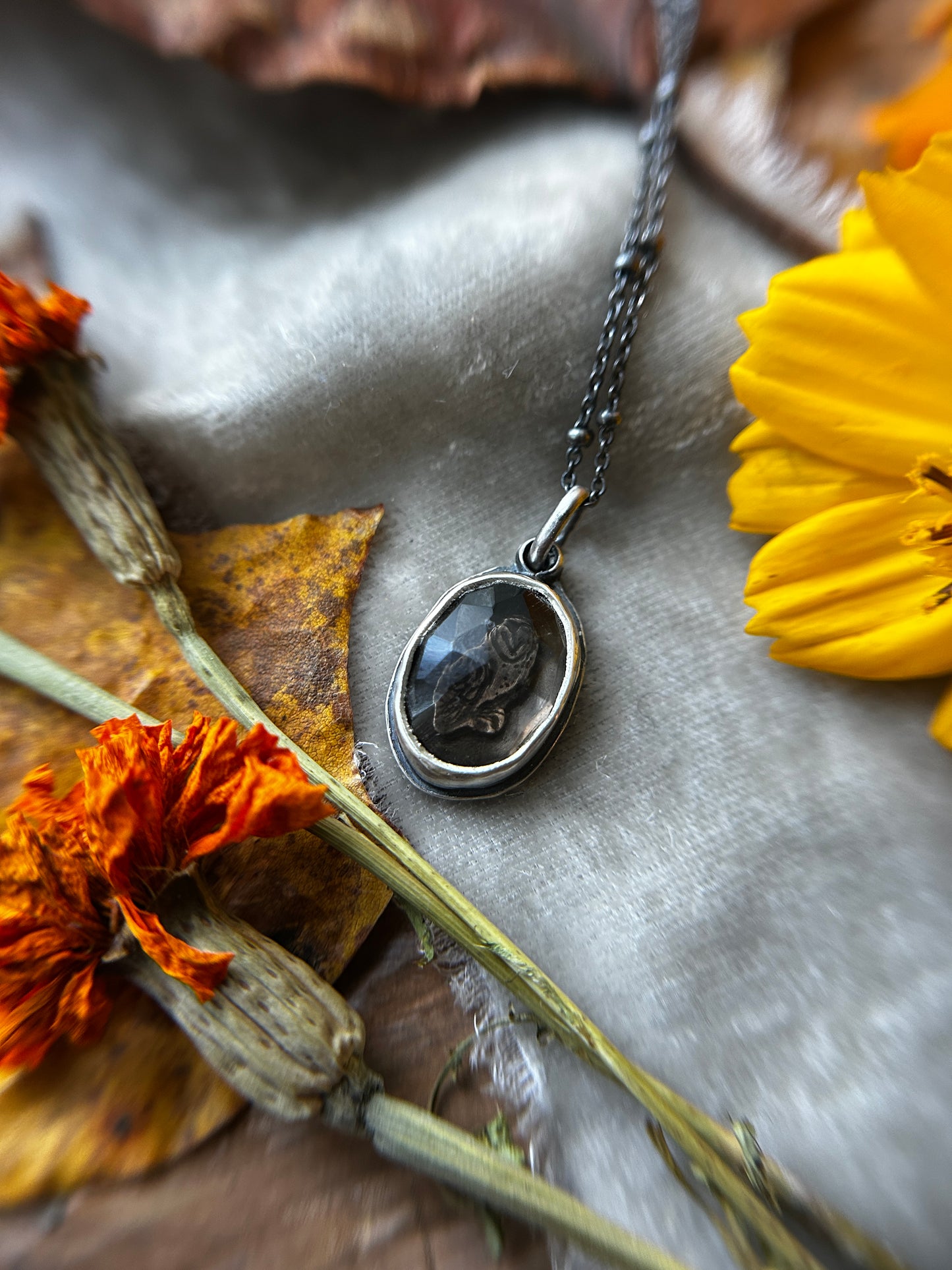 Smoky quartz barn owl necklace- Sterling silver jewelry