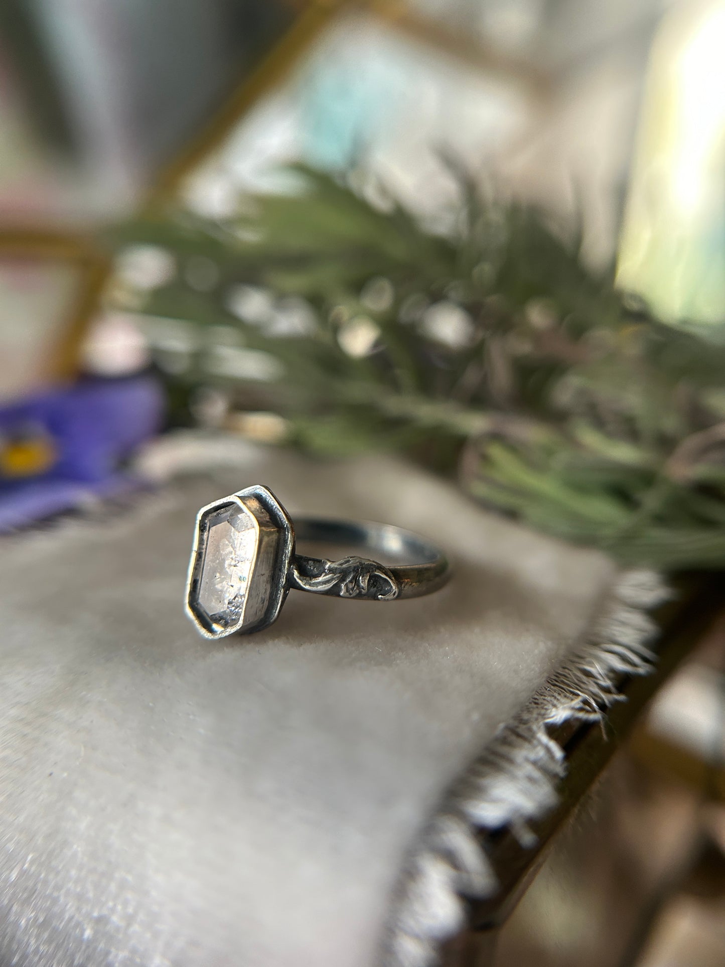 Pansy flower under quartz hexagon- sterling silver ring with swirl sprigs