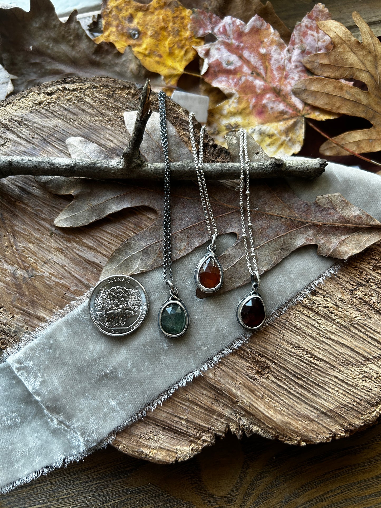 Hidden Forest Leaf Necklaces- choice of gem and leaf- sterling silver jewelry