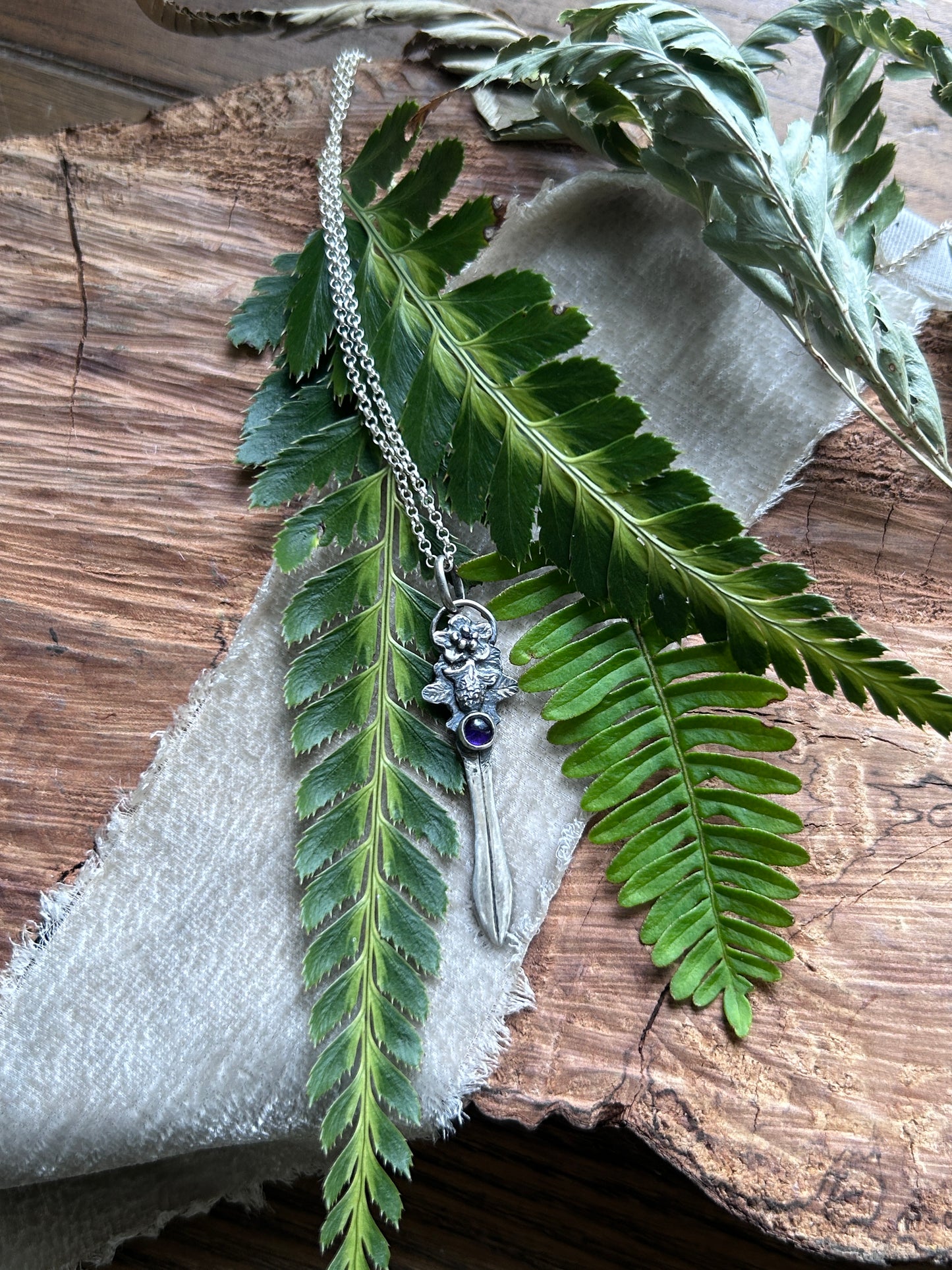 Blackberry bramble sword necklace with amethyst- Sterling silver jewelry
