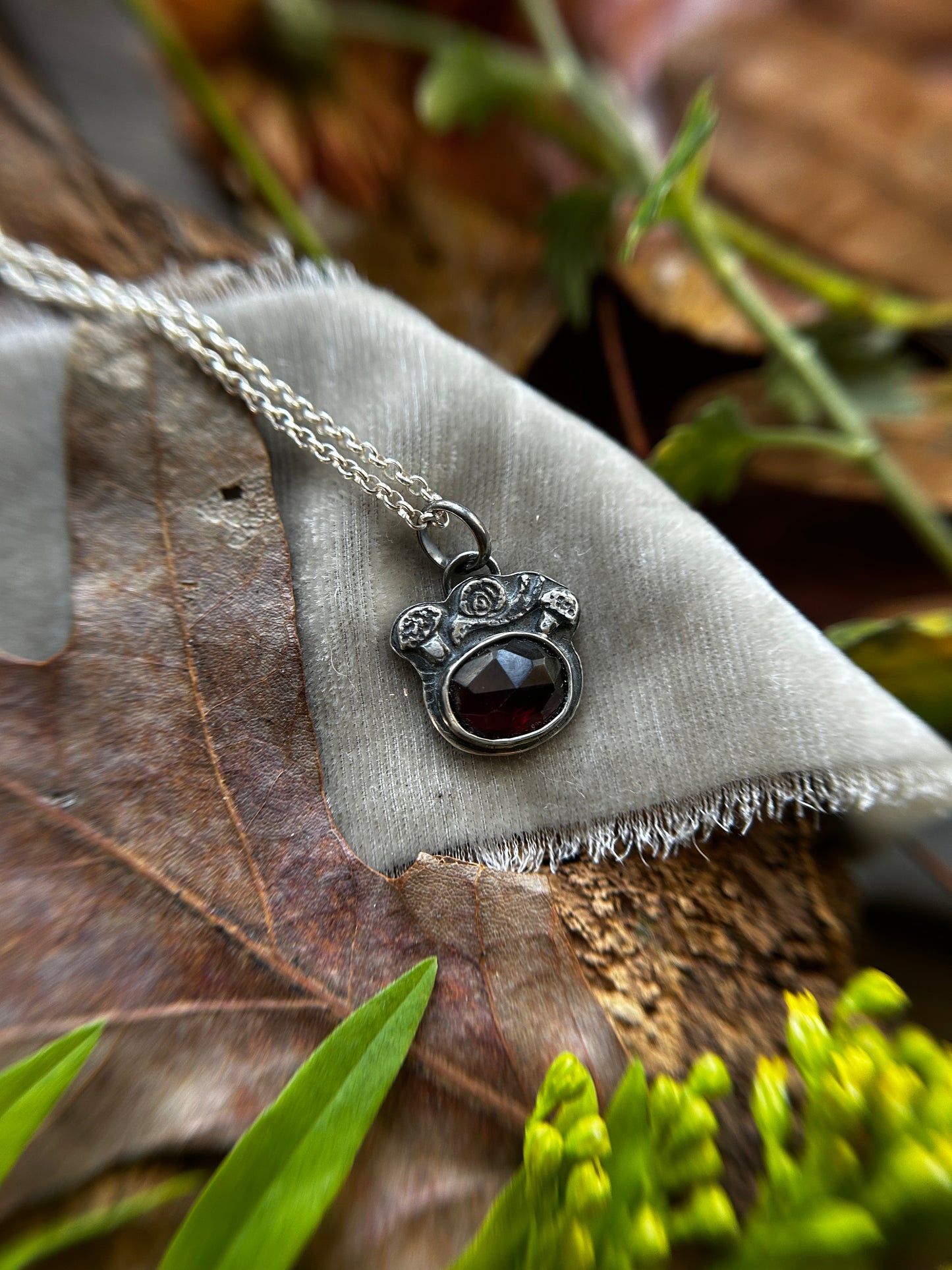 Mushroom Snail with Garnet Necklace- Sterling silver jewelry