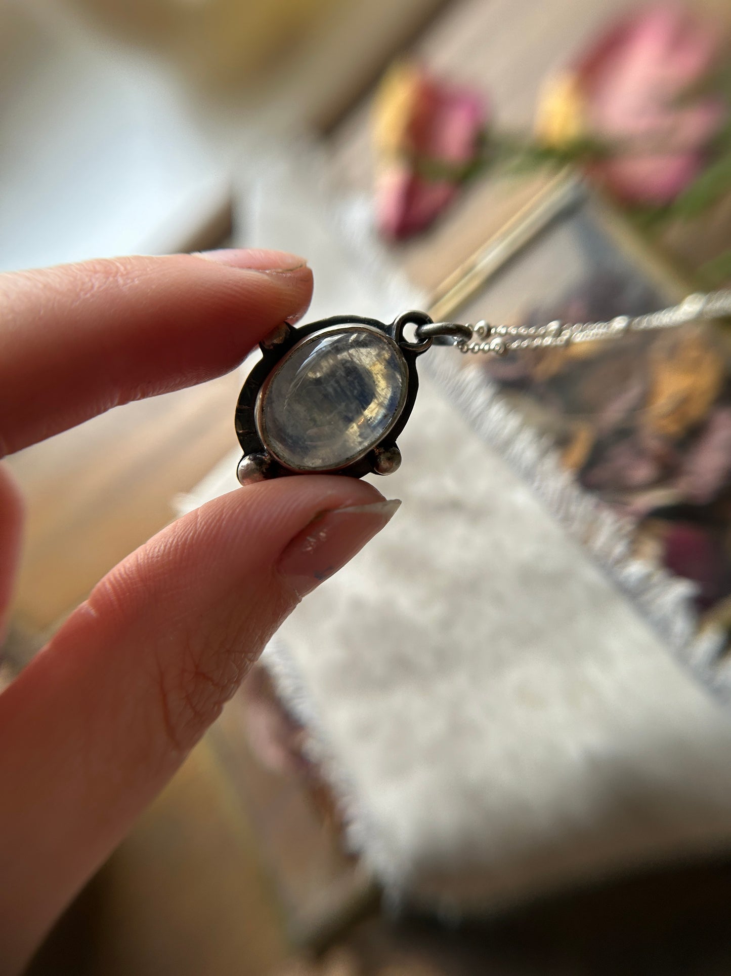 Rainbow Moonstone with Barn Owl back Necklace- sterling silver