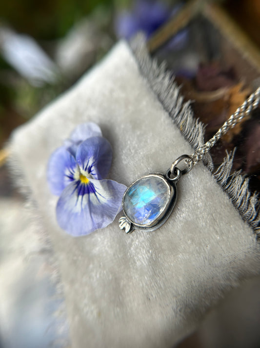 Rainbow Moonstone with swirling hellebore flower cutout back Necklace- sterling silver jewelry