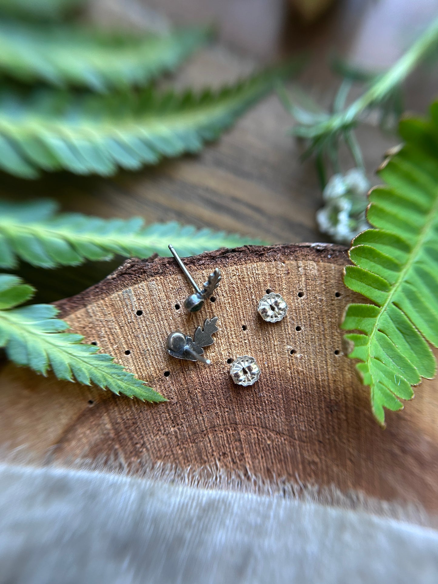 Fern Sprigs with Jade earrings- post style sterling silver jewelry