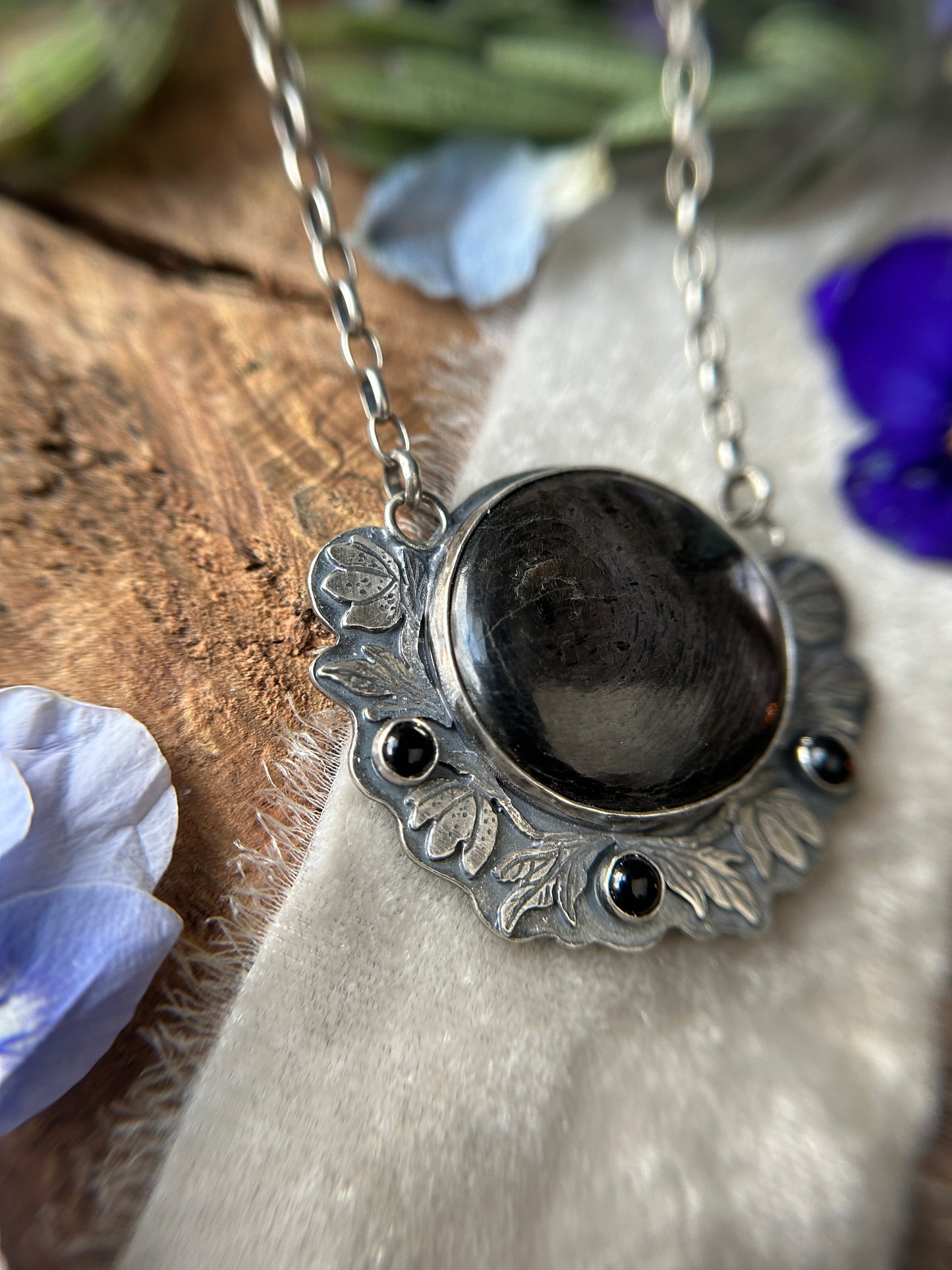 Hellebore Flowers with Hypersenthe and Black onyx- sterling silver necklace with adjustable chain