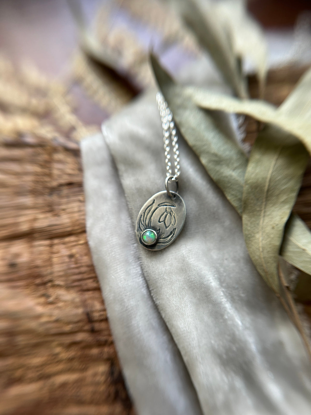 Snowdrop with Opal Necklace- sterling silver jewelry