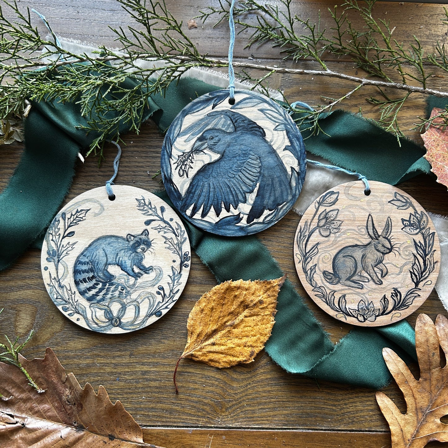 Handpainted Ornaments- watercolor on wood Woodland Creature Ornaments