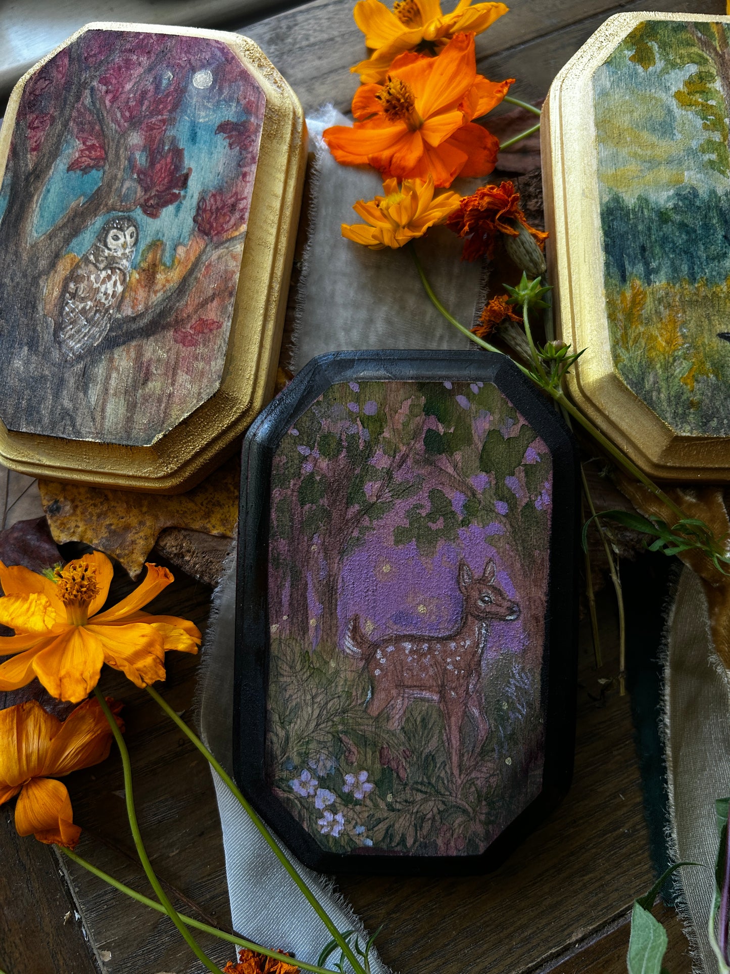 Original miniature watercolor painting on wood- ready to display art- deer fawn, barred owls, crows, autumn forest, goldenrod, blackberry bramble