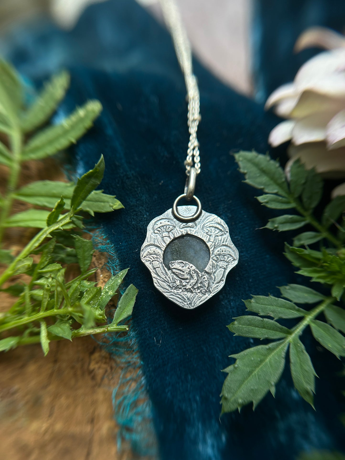 Fairy Ring Necklace with moss agate, opal, snail, and mushrooms- sterling silver jewelry