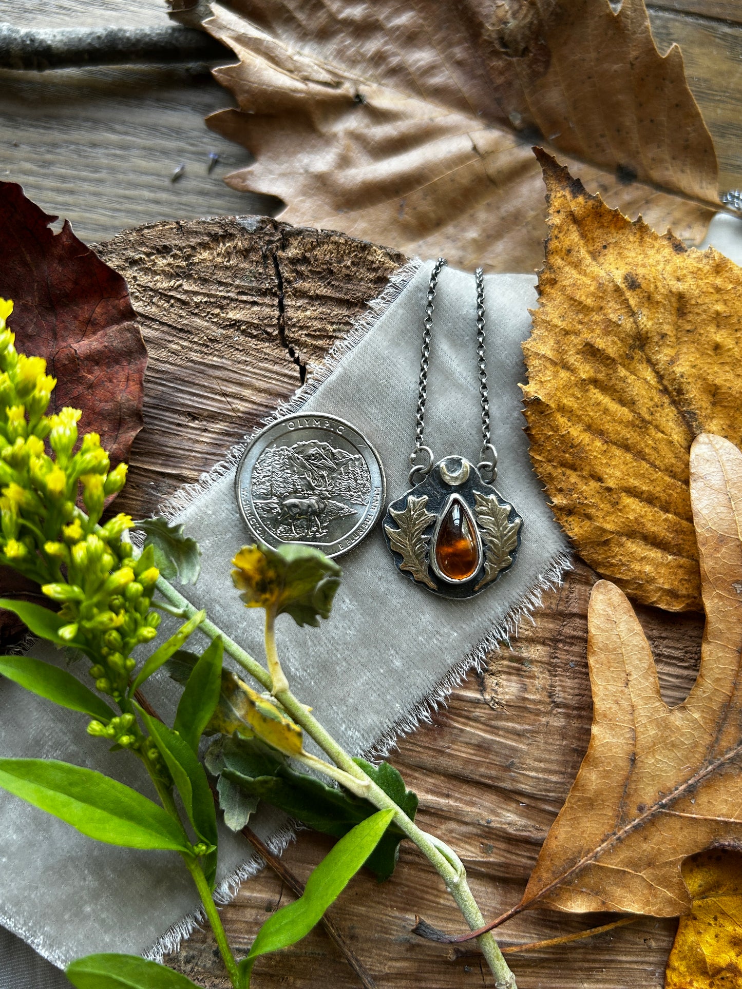 Oak Moon with Hessonite Garnet Necklace- Sterling silver and brass jewelry
