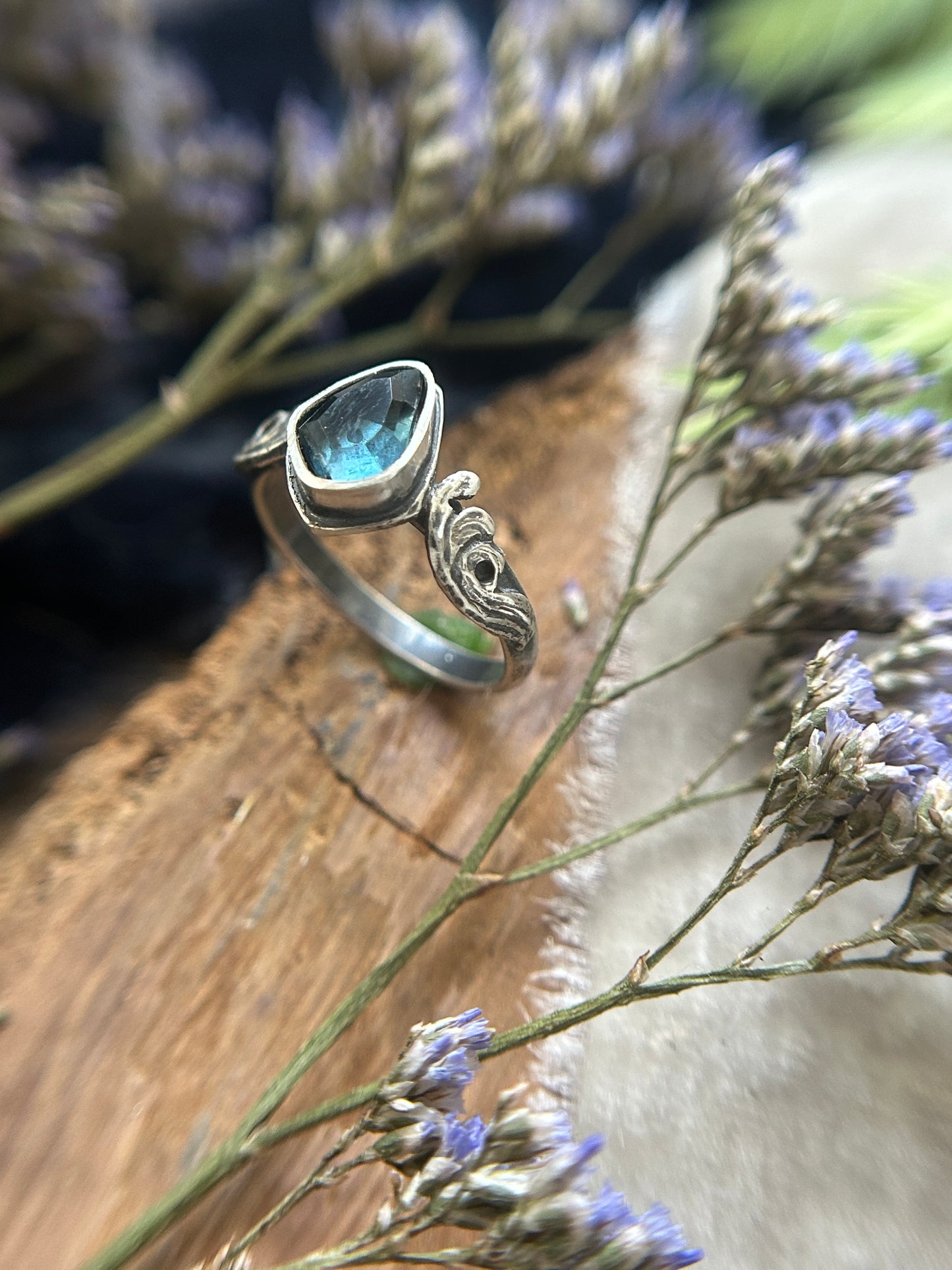 London Blue Topaz Memento Mori Skull and Waves Ring- sterling silver jewelry- MADE TO ORDER