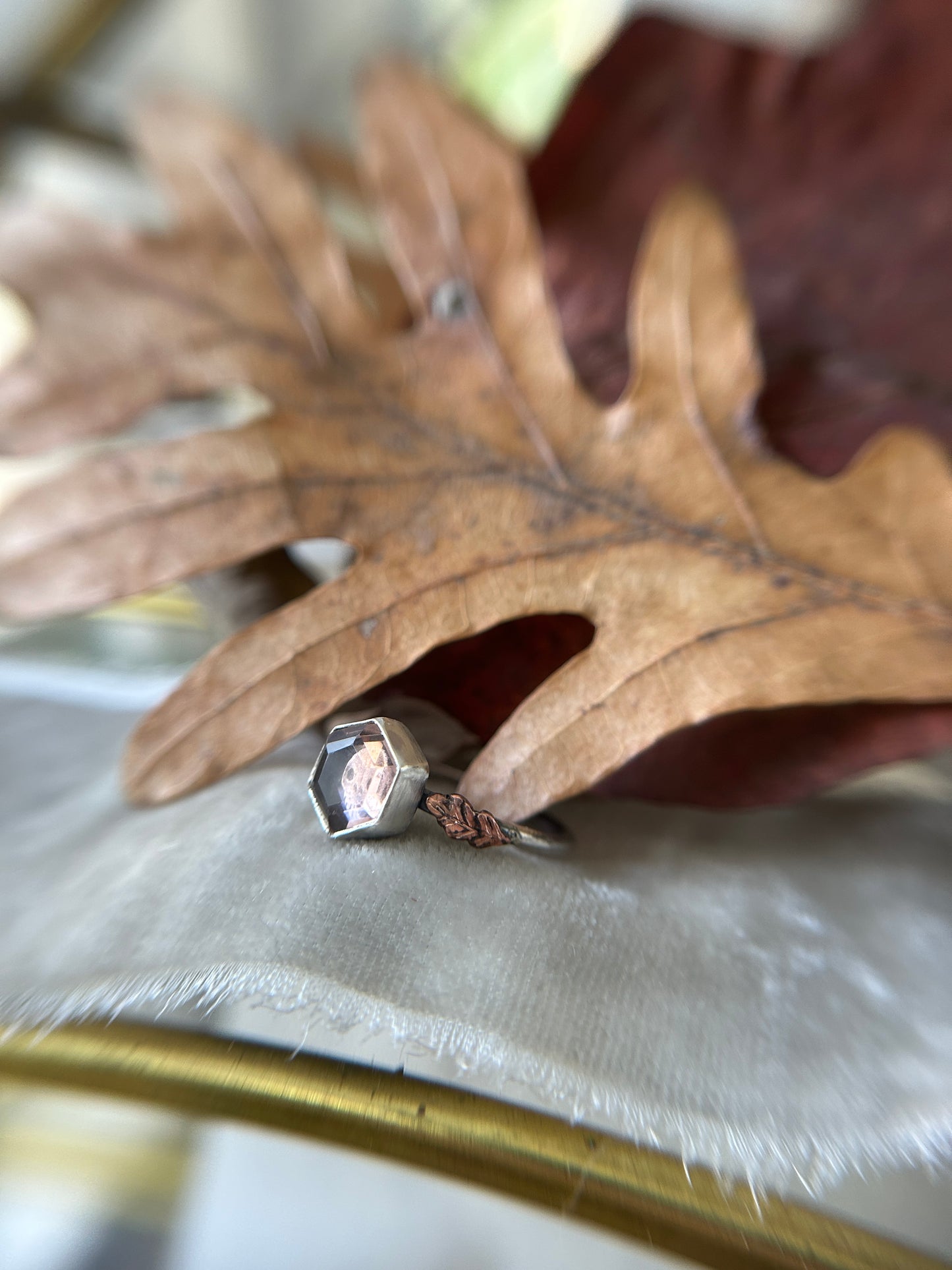 Preorder-autumn peach quartz oak leaf ring with your choice of under gem design- Sterling silver jewelry