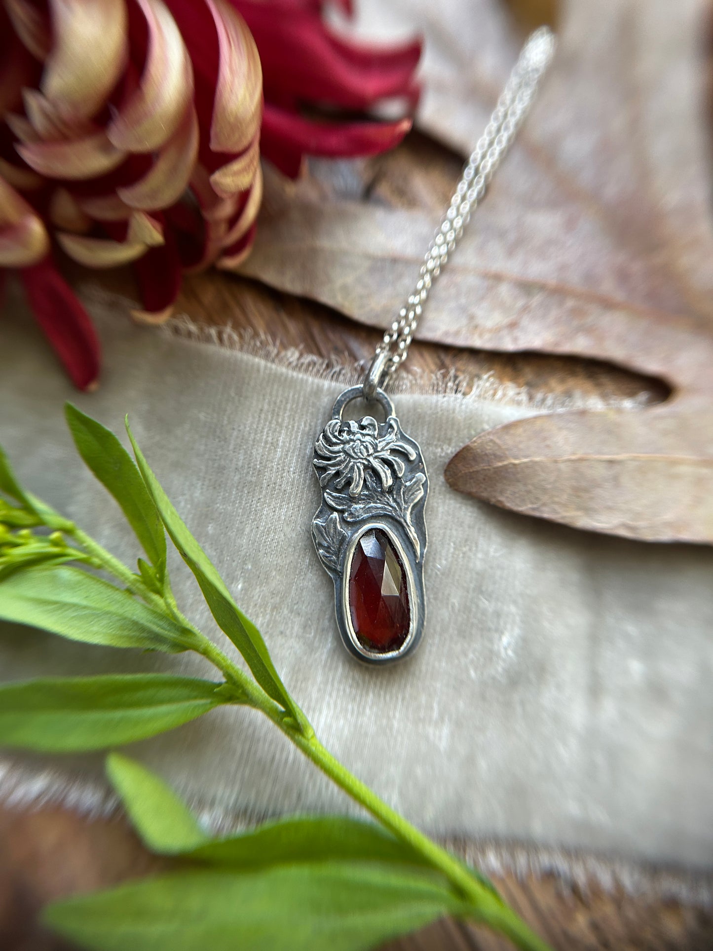 Red Chrysanthemum Flower Garnet Necklace- sterling silver jewelry