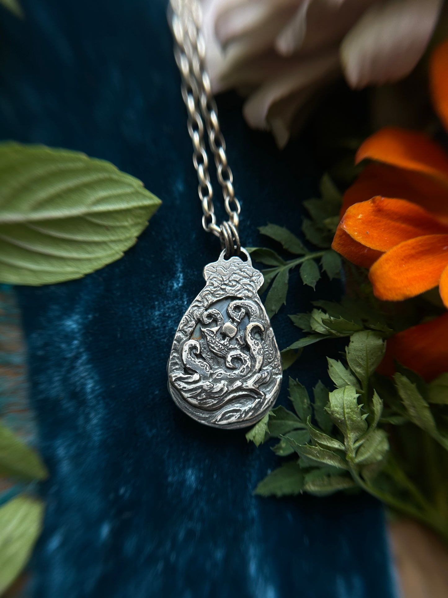 Pietersite with Grey Moonstone and Kraken with Ship detailing- sterling silver jewelry