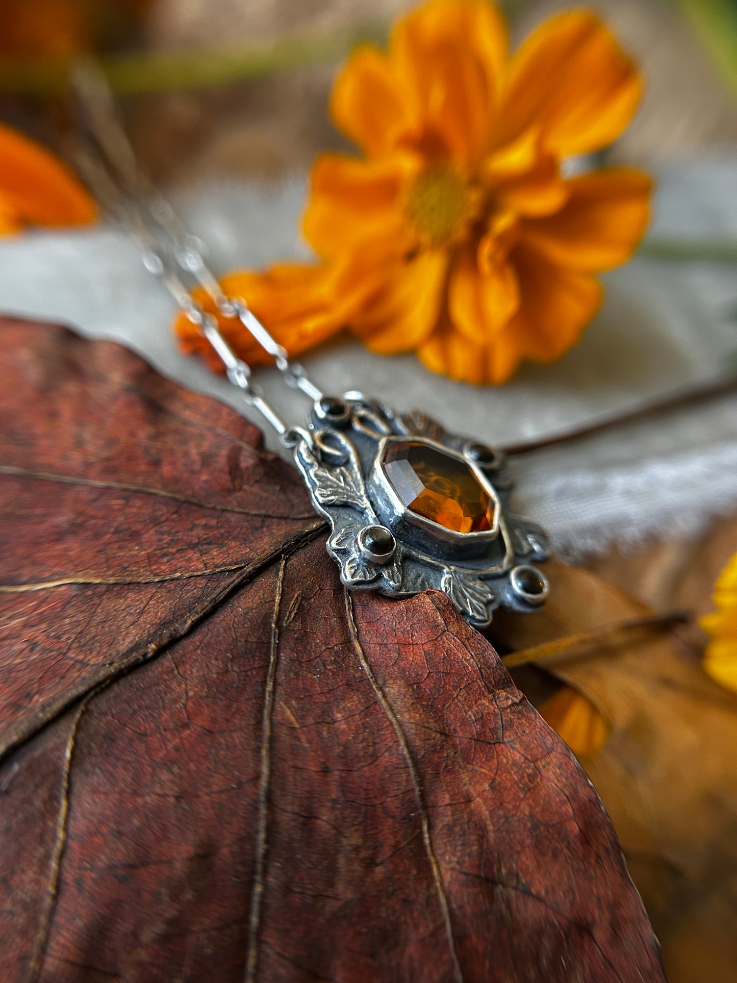 All Hallows Eve Jack-o-lantern necklace with santa ana madiera citrine stone- sterling silver jewelry
