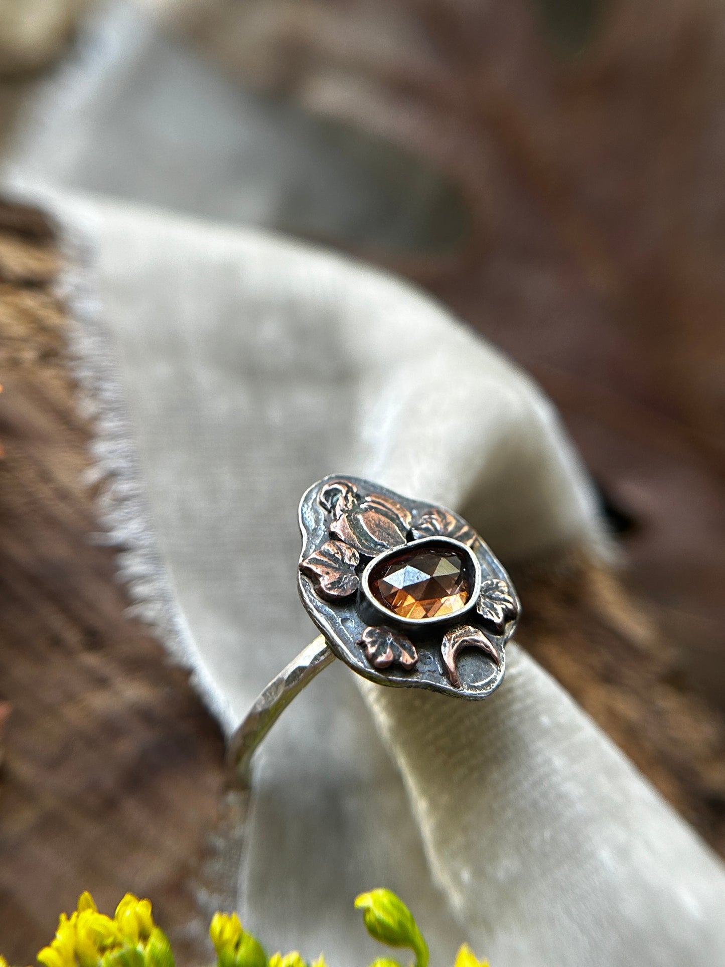Pumpkin Moon with Zircon Ring- sterling silver and copper jewelry