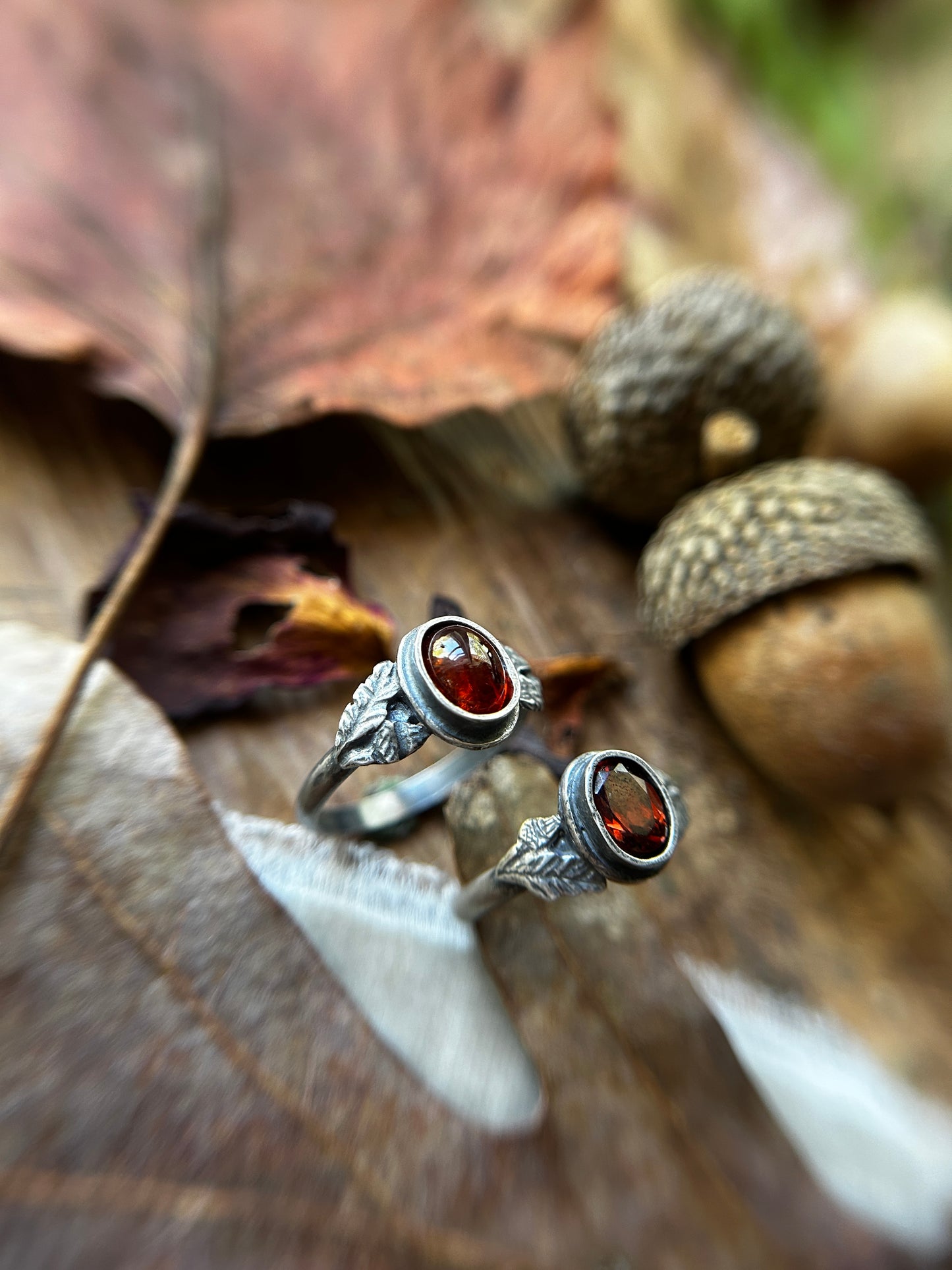 Oak and Acorn Ring in choice of zircon or hessonite garnet- sterling silver jewelry