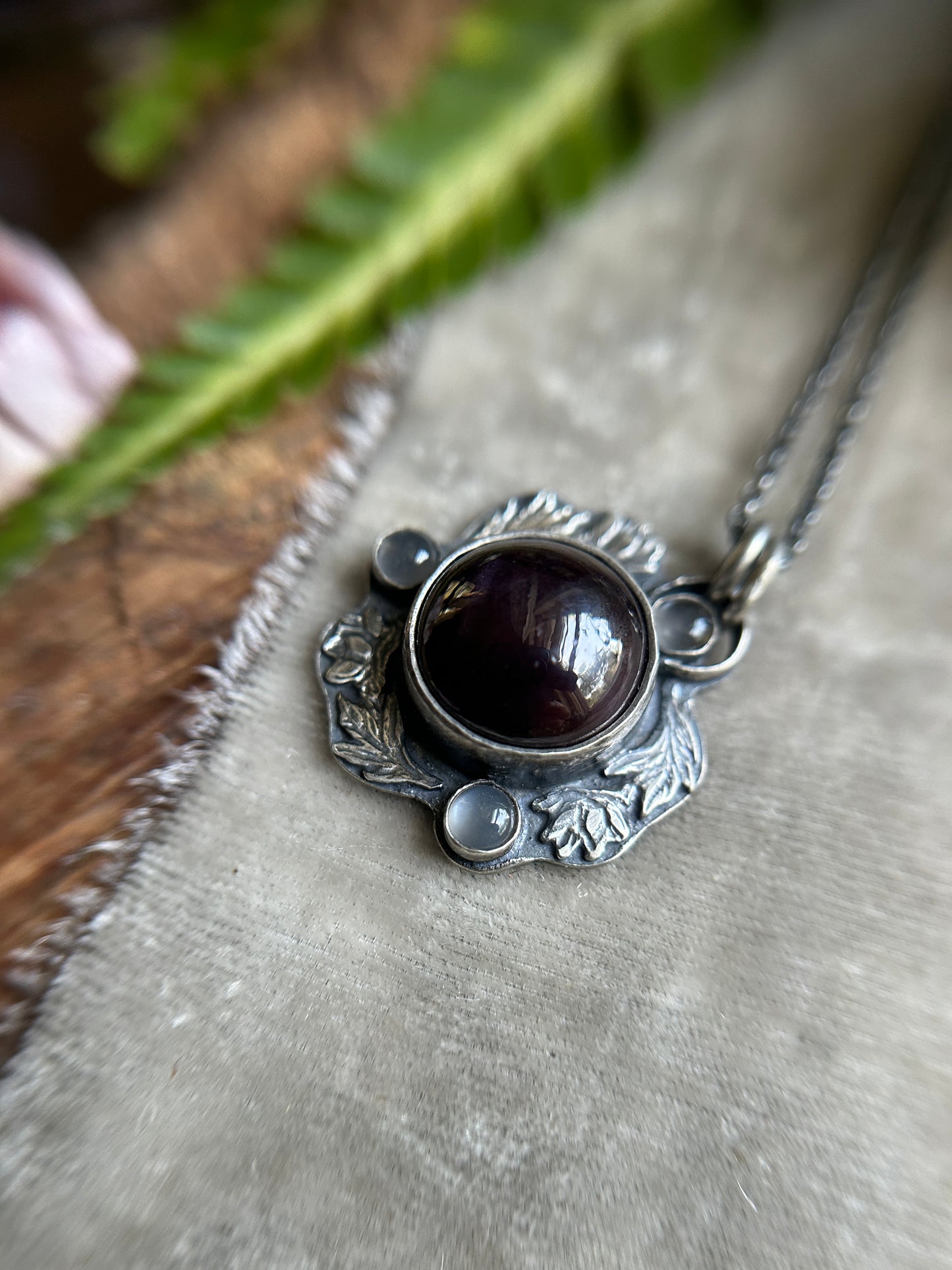 Star garnet and grey moonstone hellebore flower necklace- Sterling silver jewelry